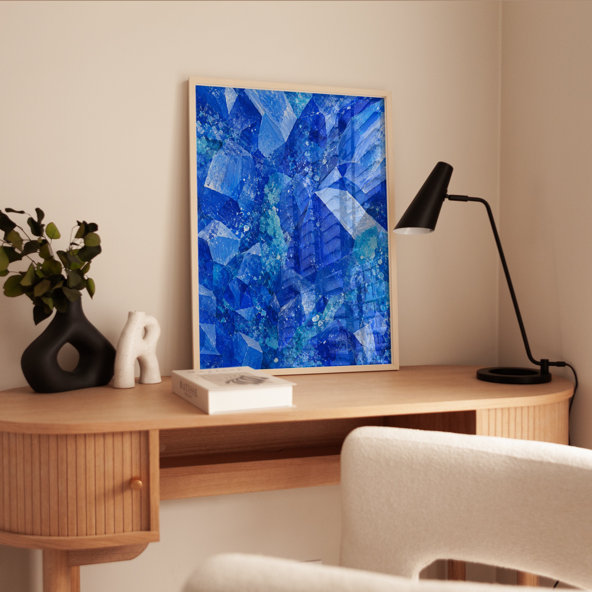 Blue Geometric Abstract Art Print: Cubist Fractured Ice Design - interior