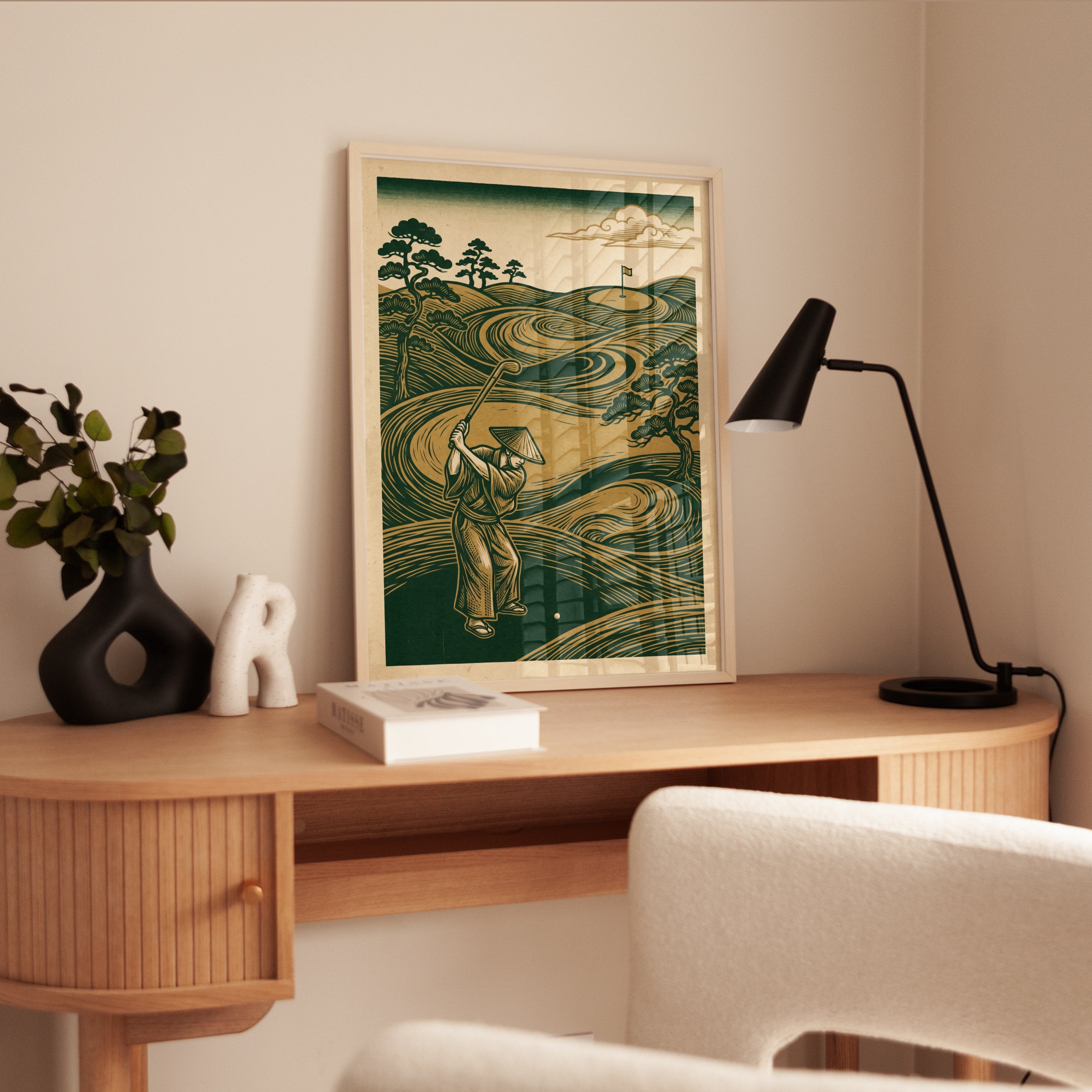 Vintage Japanese Golf Print: Mid-Century Woodblock Art - interior