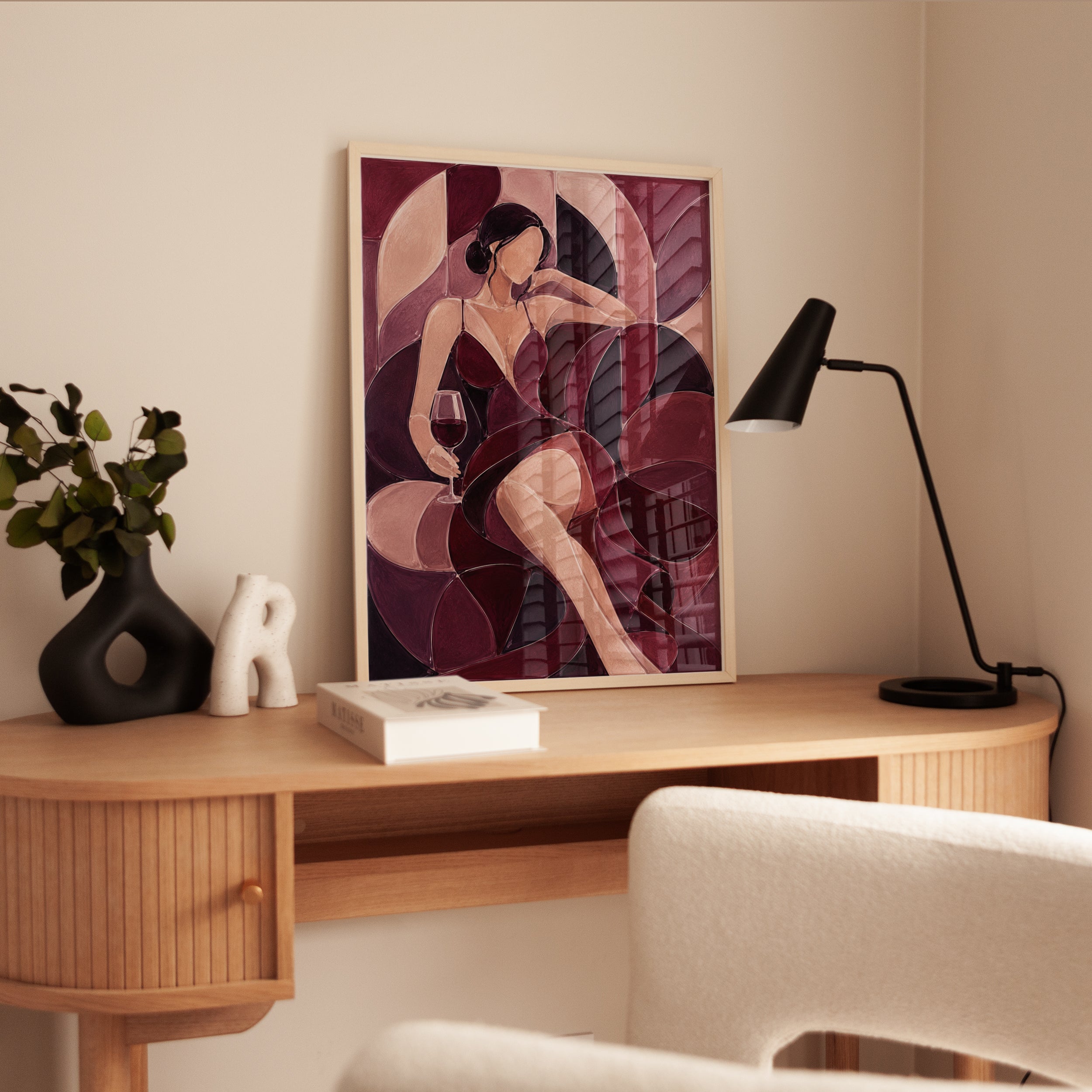 Art Deco Woman with Wine Glass: Burgundy Geometric Wall Art - interior