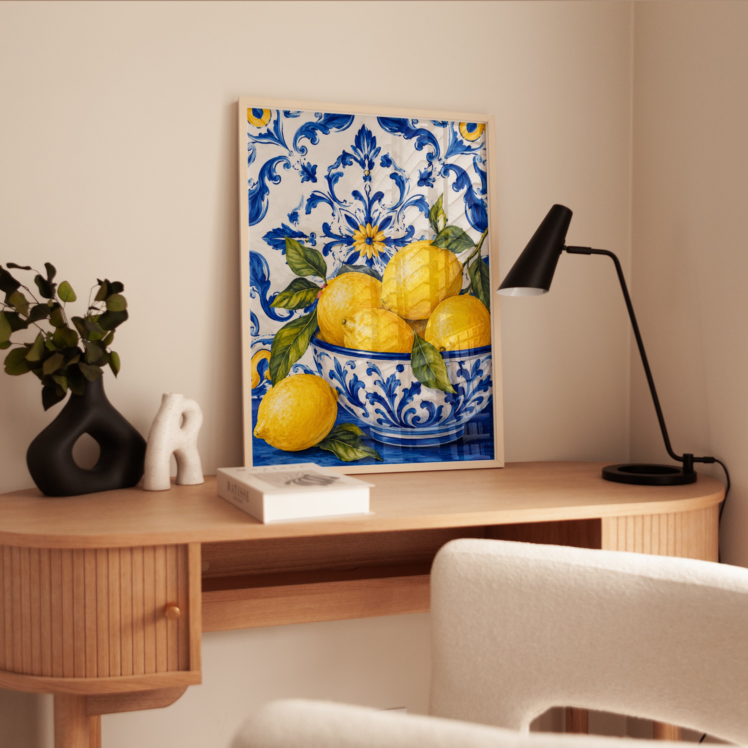 Mediterranean Lemons Art Print: Blue Majolica Tile Pattern - interior