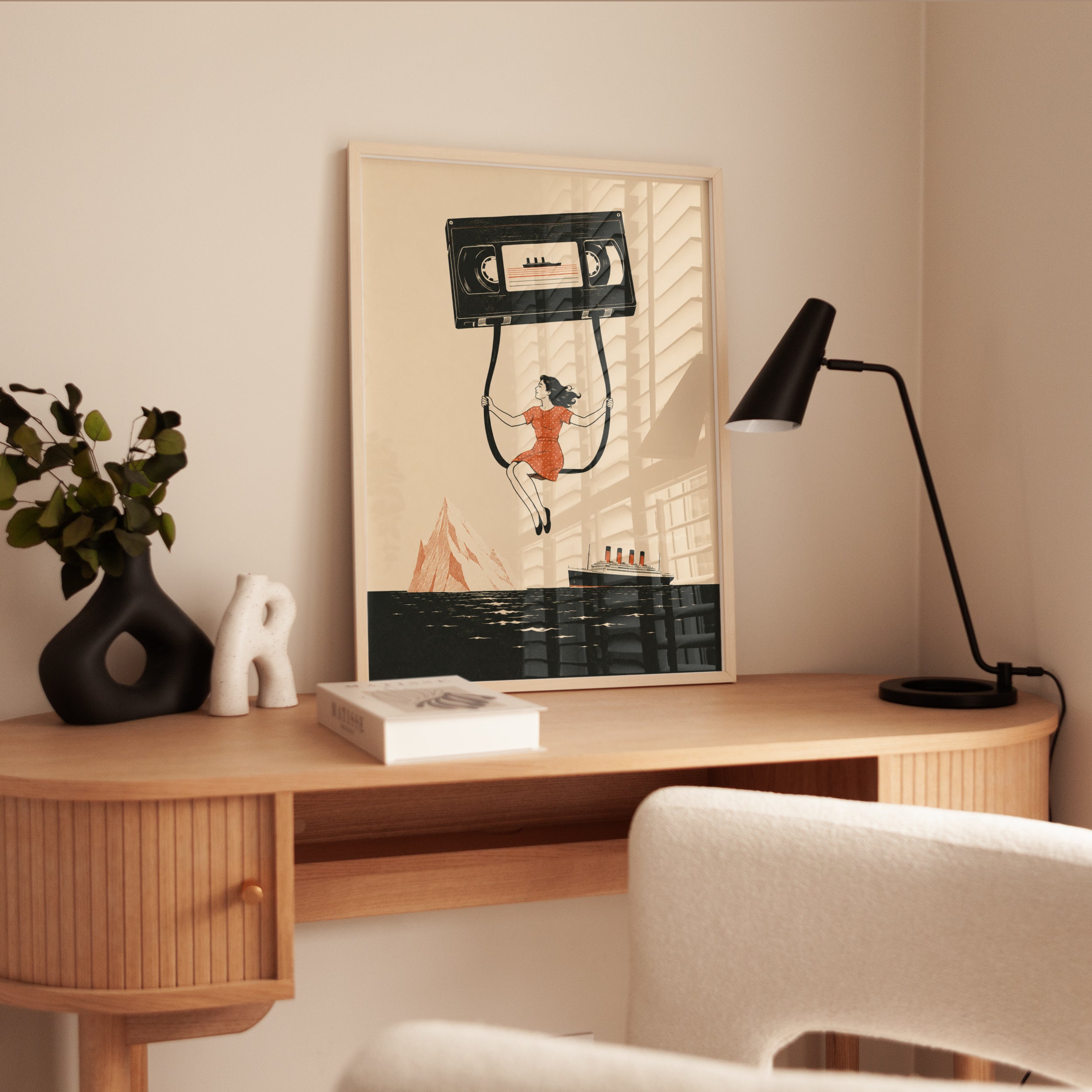 Retro Cassette Tape Print: Whimsical Woman Swinging - interior