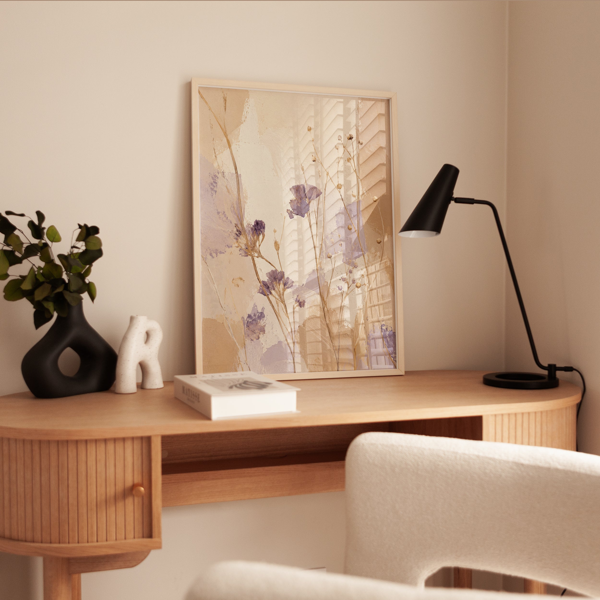 Pressed Wildflower Art Print: Soft Lavender and Beige Botanical - interior