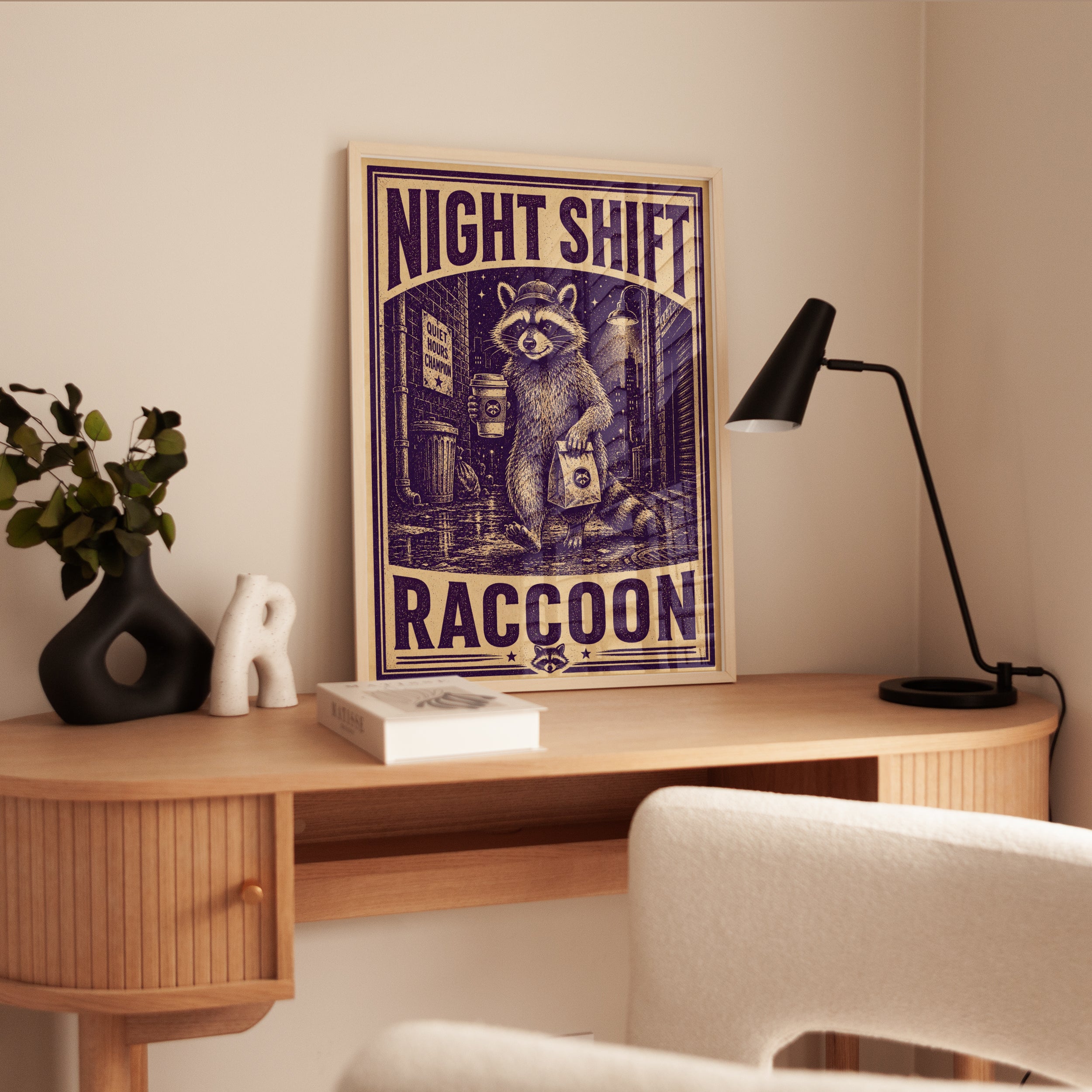 Raccoon Wall Art: Vintage Night Shift Illustration - interior