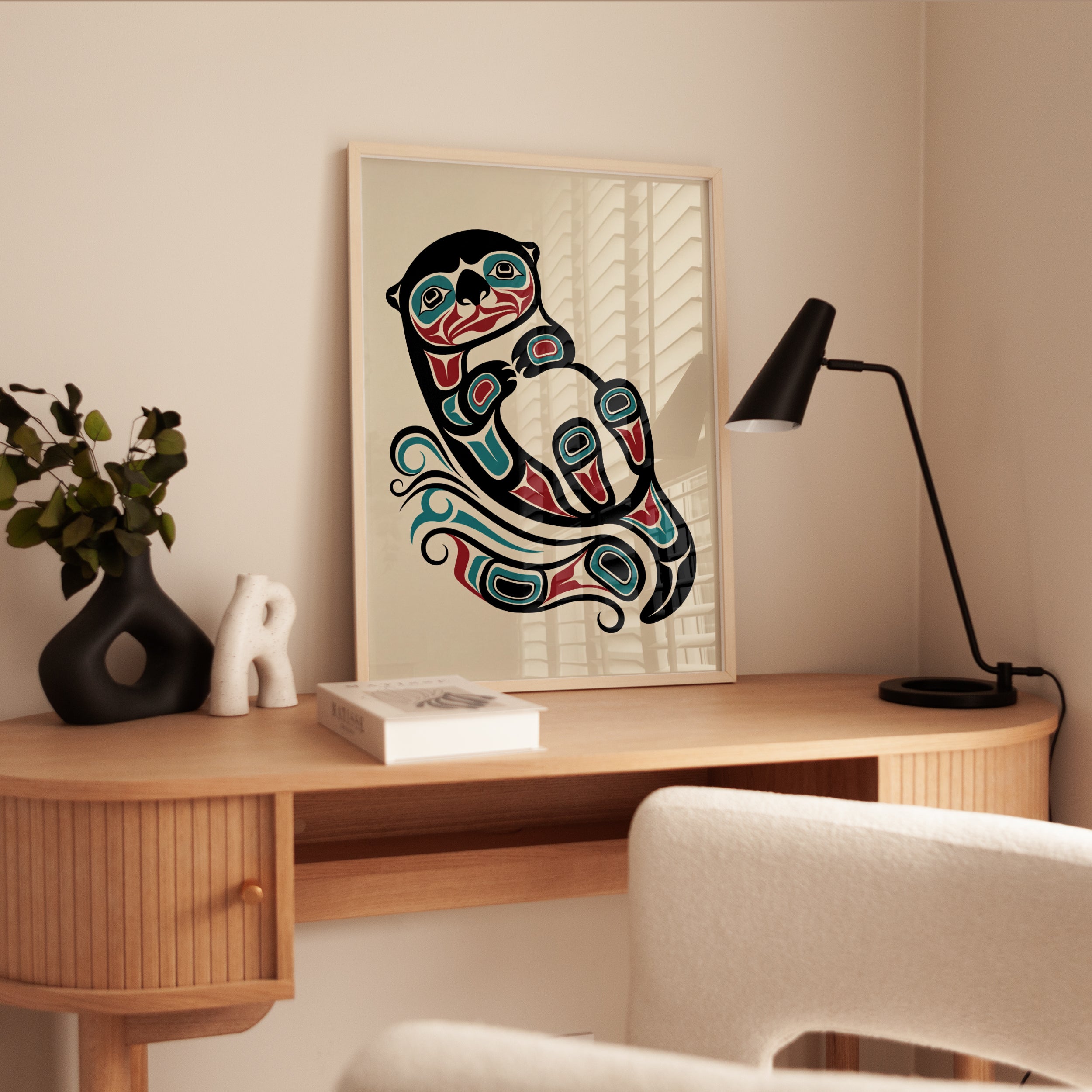 Otter Art Print: Pacific Northwest Coast Formline (Teal and Red) - interior