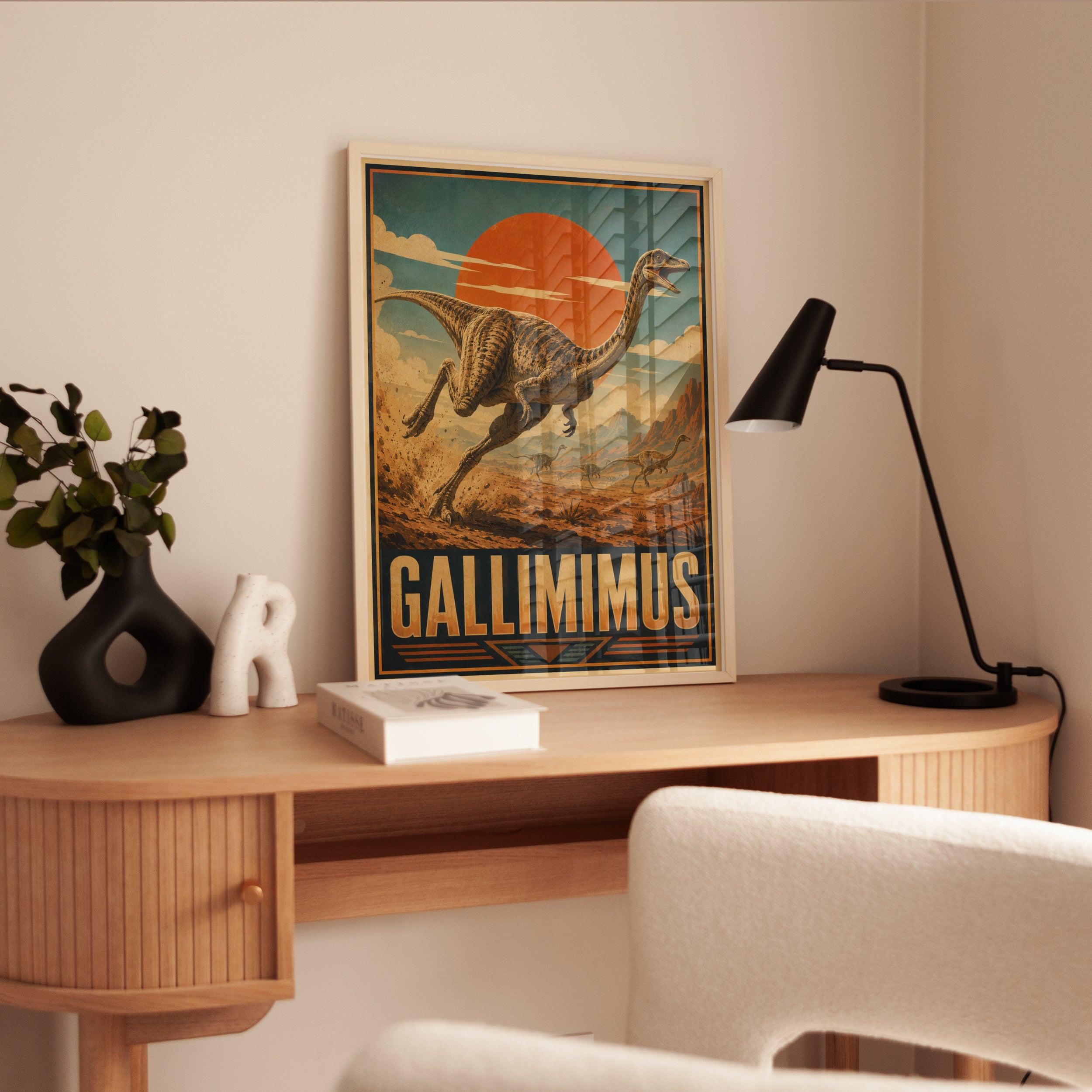 Gallimimus Dinosaur Poster: Vintage Retro Travel Art Print - interior