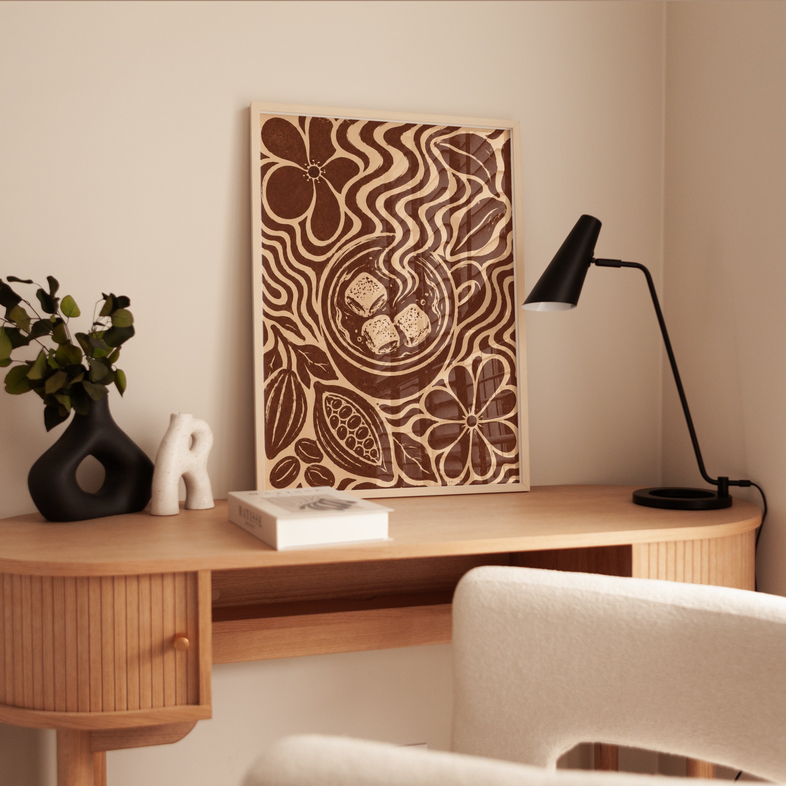 Chocolate Botanical Art Print: Art Nouveau Brown and Cream Design - interior