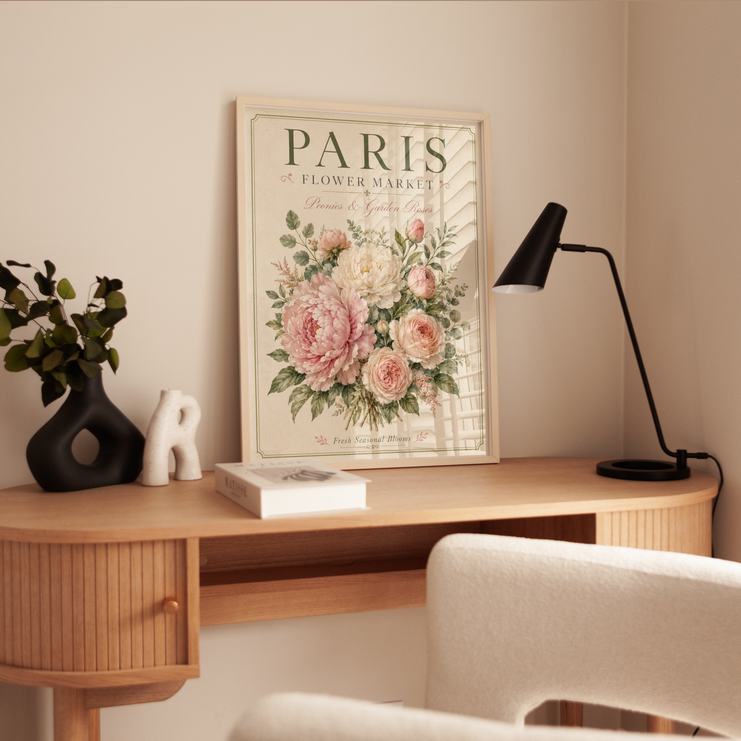 Paris Flower Market Print — Vintage Botanical Peonies & Roses - interior