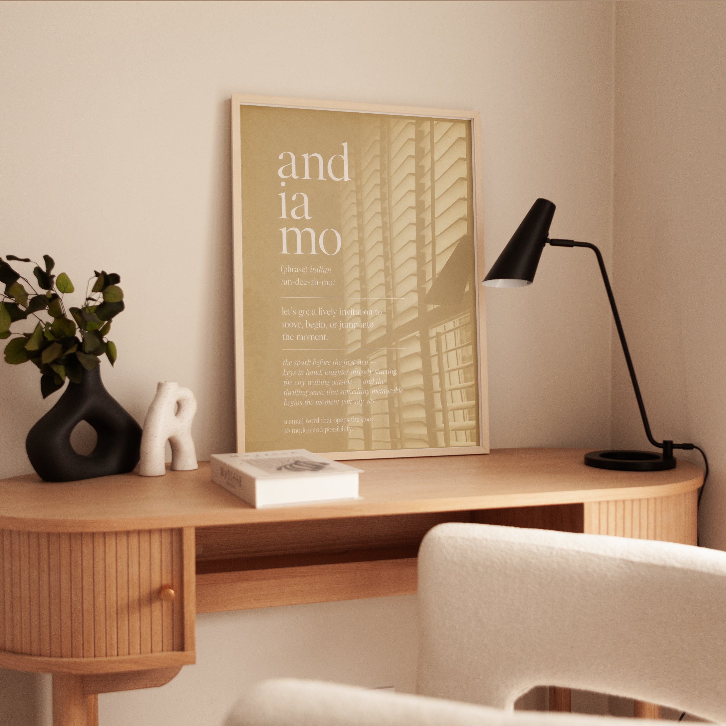 Andiamo Italian Phrase Print: Minimalist Beige Typography Art - interior