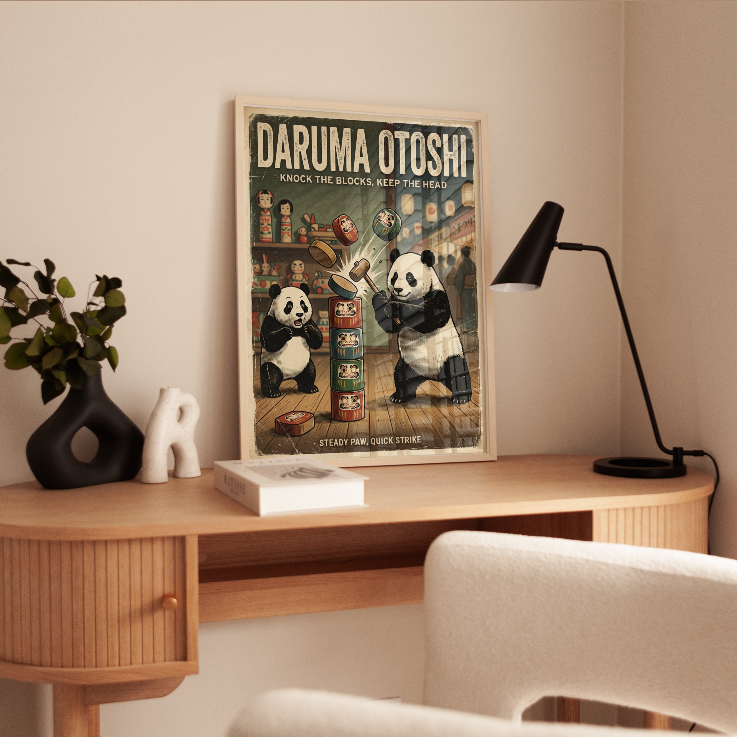 Daruma Otoshi Panda Game Poster: Retro Japanese Toy Art Print - interior