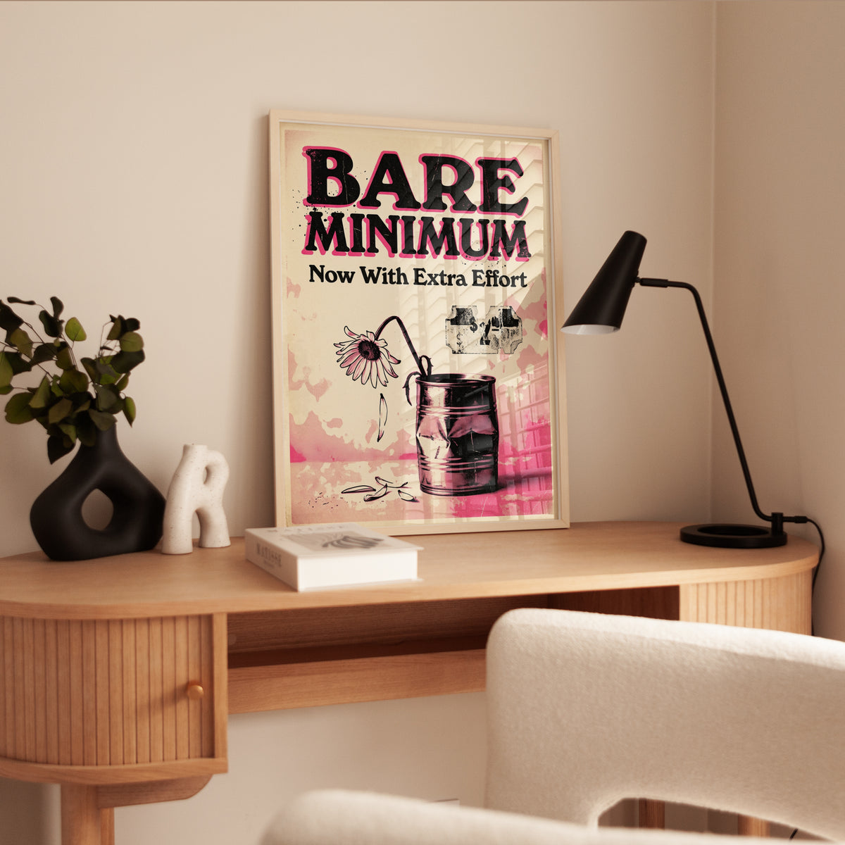 Bare Minimum Poster: Vintage Typography Art Print Pink Black - interior