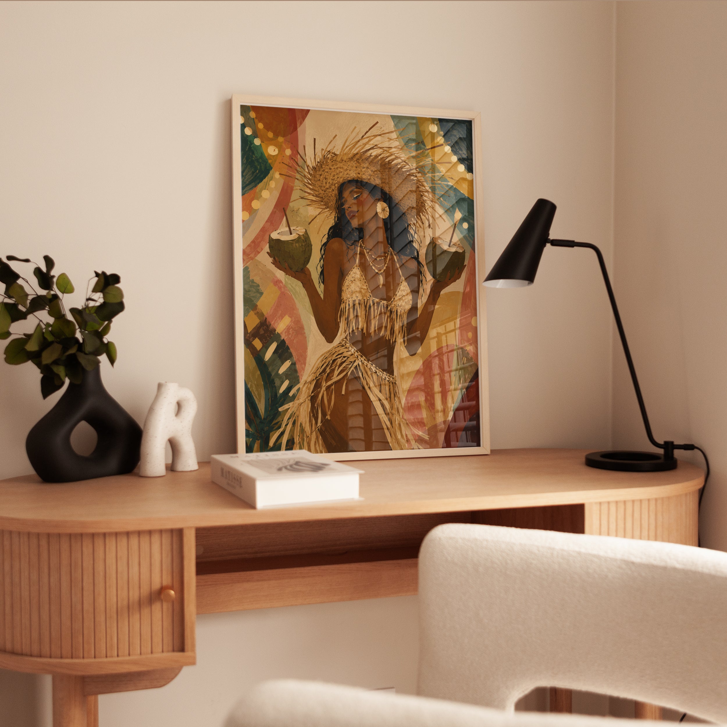 Tropical Beach Woman with Coconuts Art Print: Warm Bohemian Style - interior