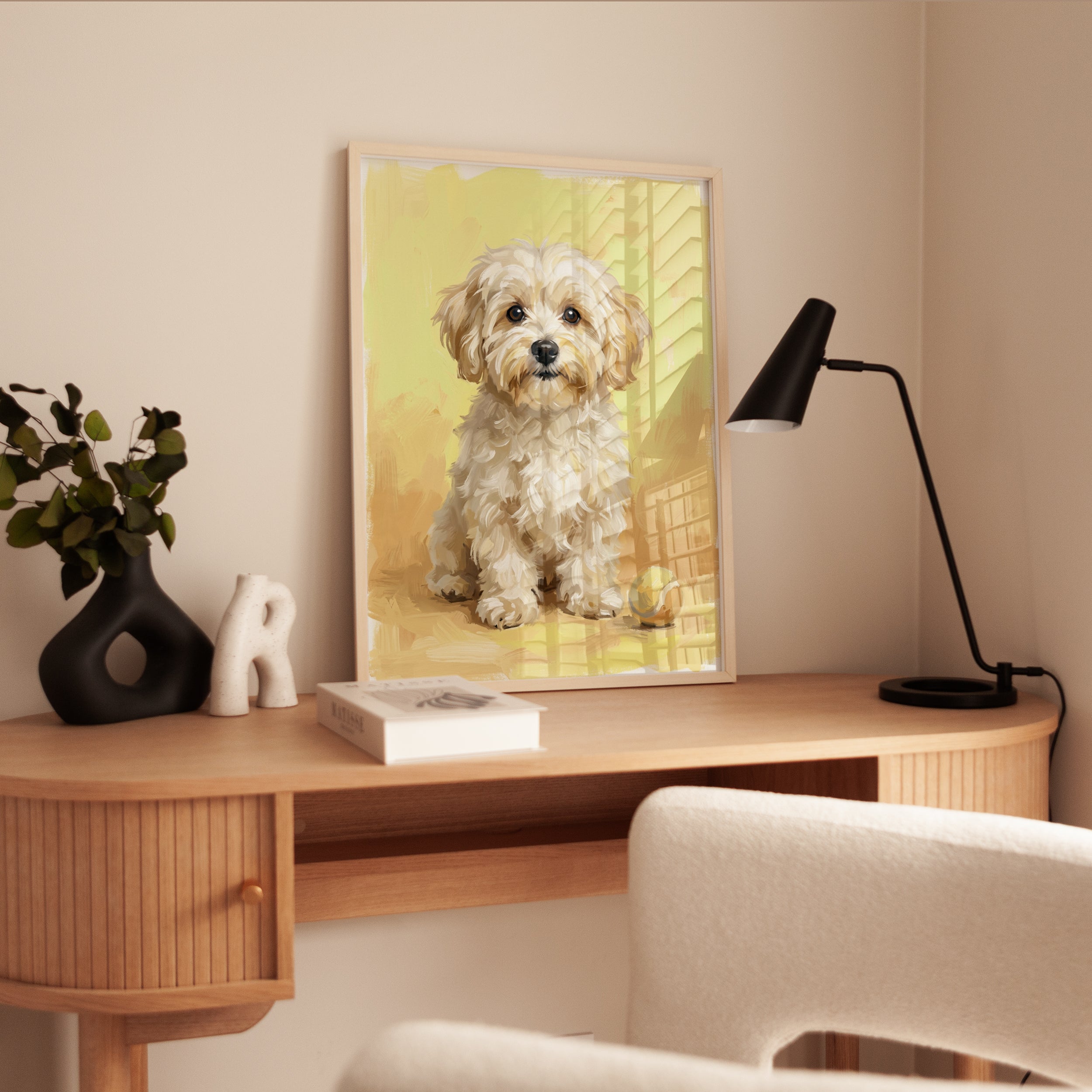 Cavapoo Dog Portrait Print — Soft Pastel Yellow Background - interior