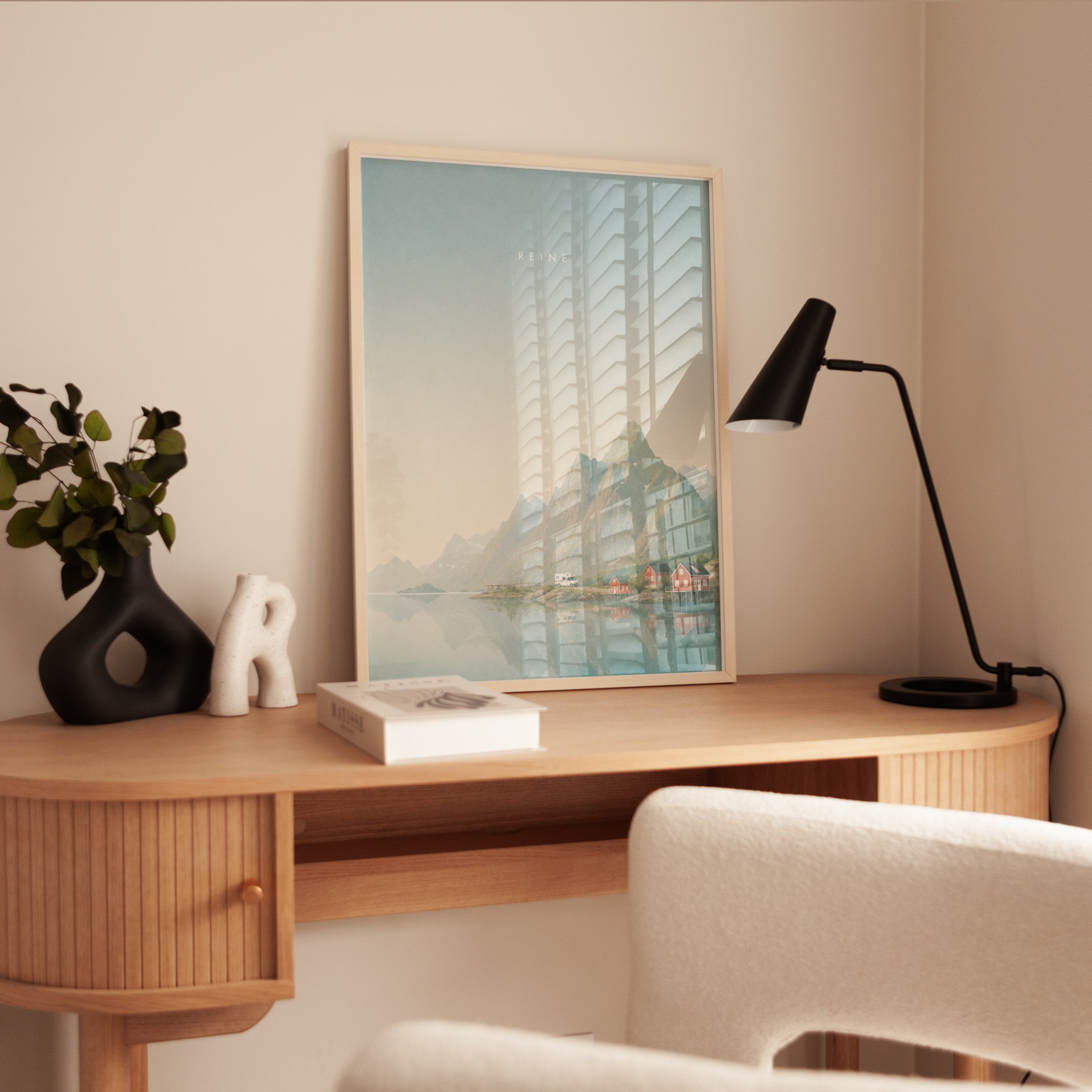 Nordic Fjord Village Print: Pastel Mountain Landscape Wall Art - interior