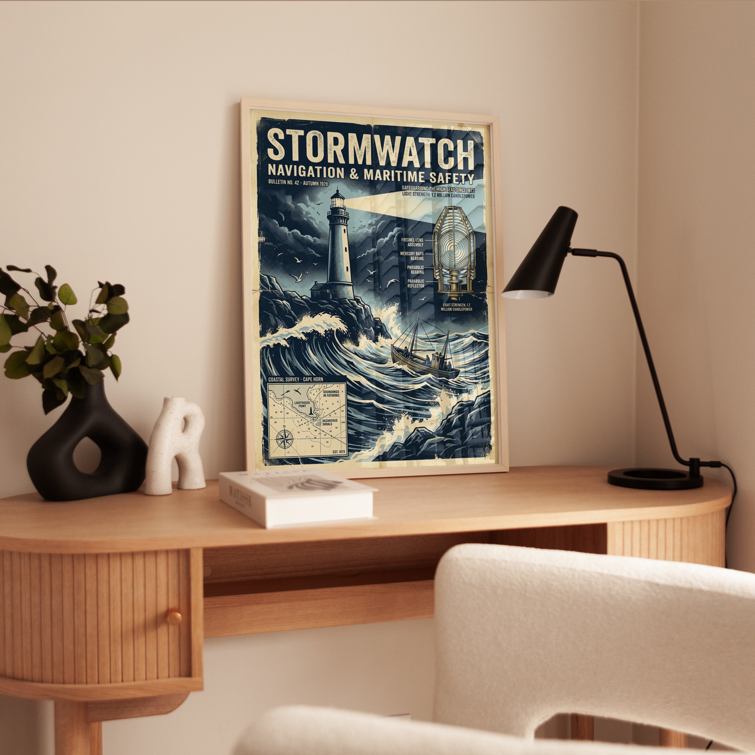 Vintage Maritime Storm Lighthouse Poster: Nautical Safety Art - interior