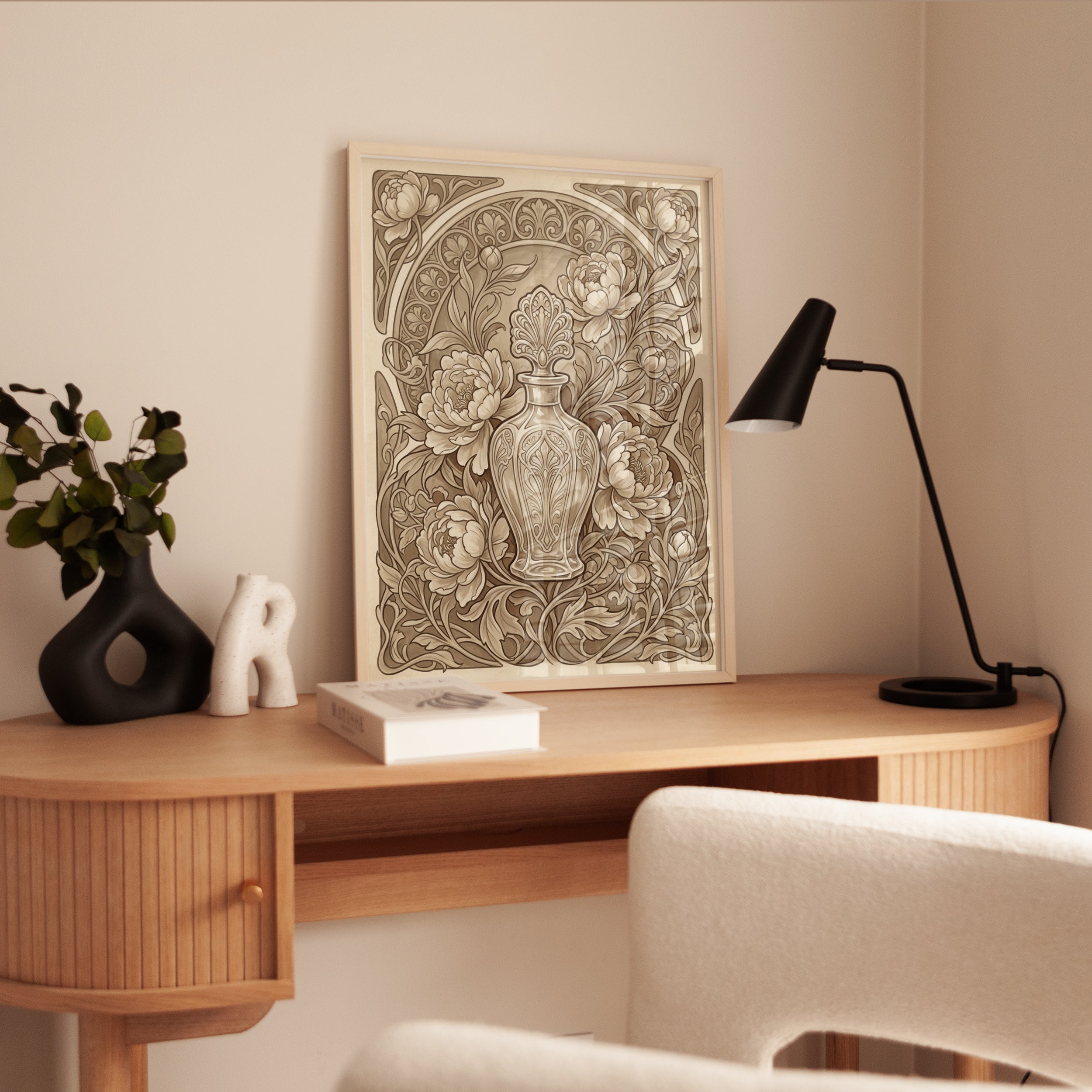 Art Nouveau Peony Vase Print: Sepia Decorative Floral Design - interior