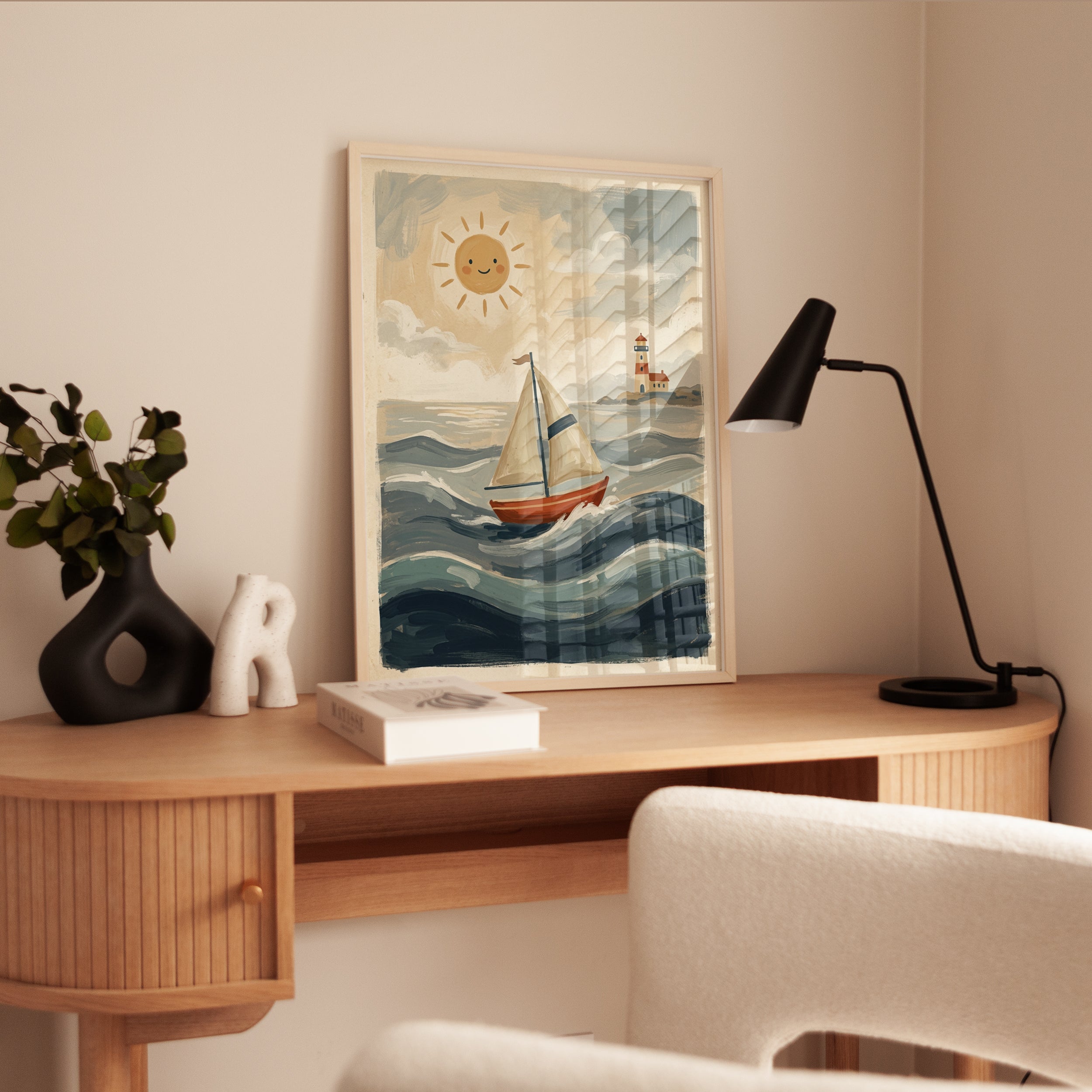 Whimsical Sailboat and Lighthouse Art Print: Coastal Nursery Scene - interior