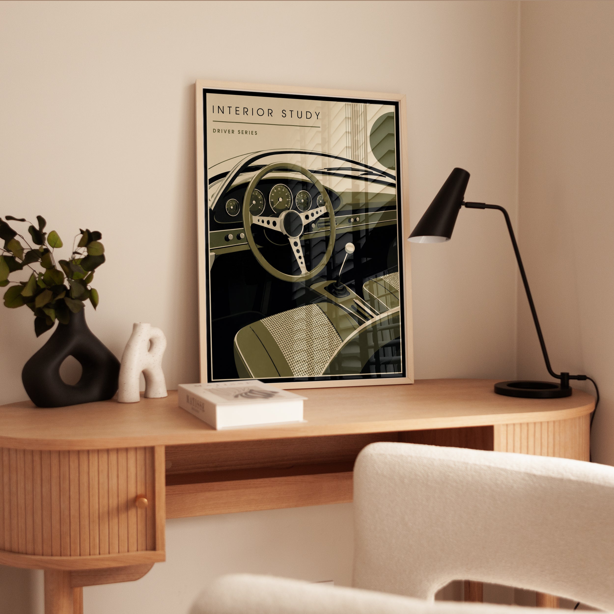 Car Interior Wall Art: Retro Dashboard and Steering Wheel - interior