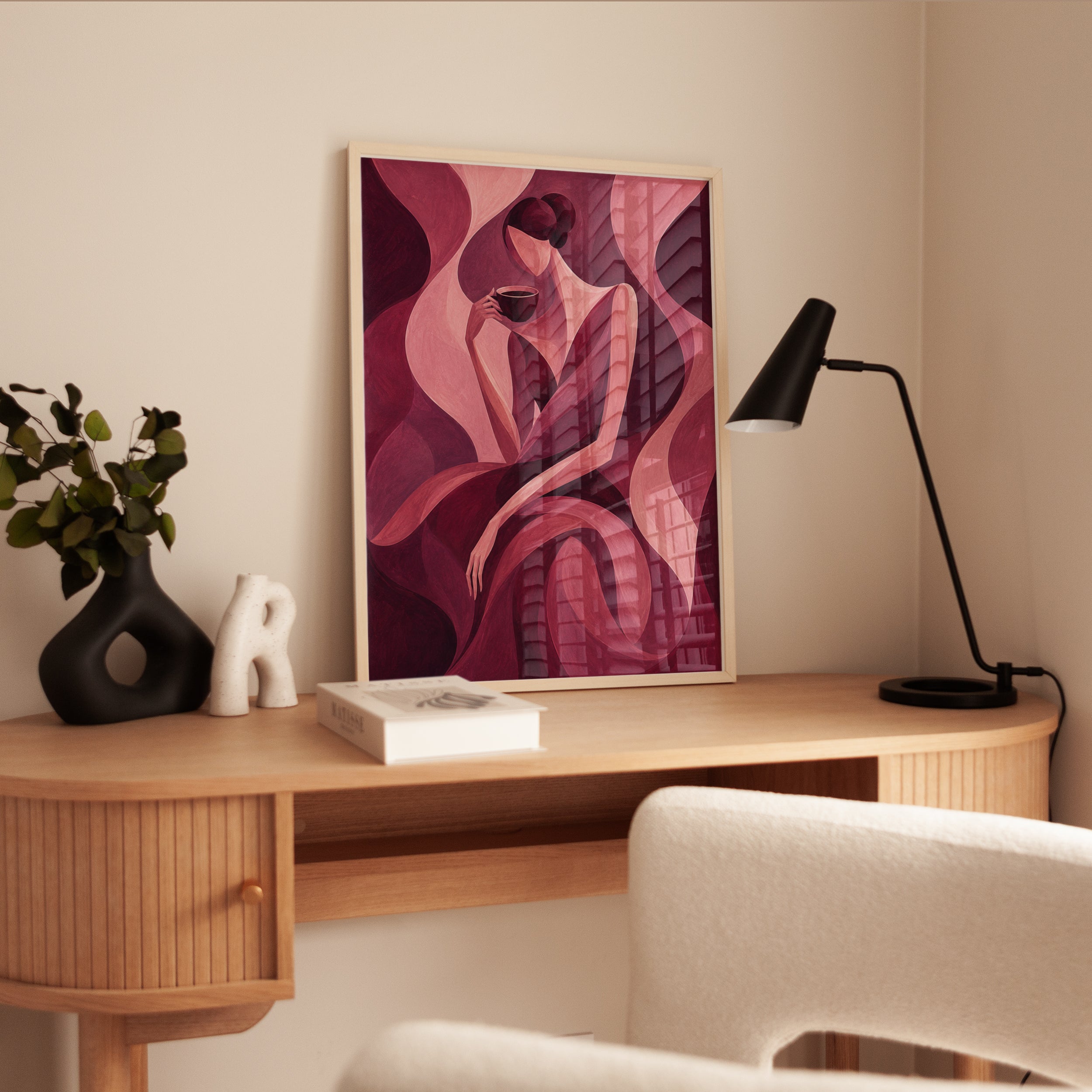 Cubist Woman With Coffee Cup Art Print: Pink Burgundy Abstract - interior