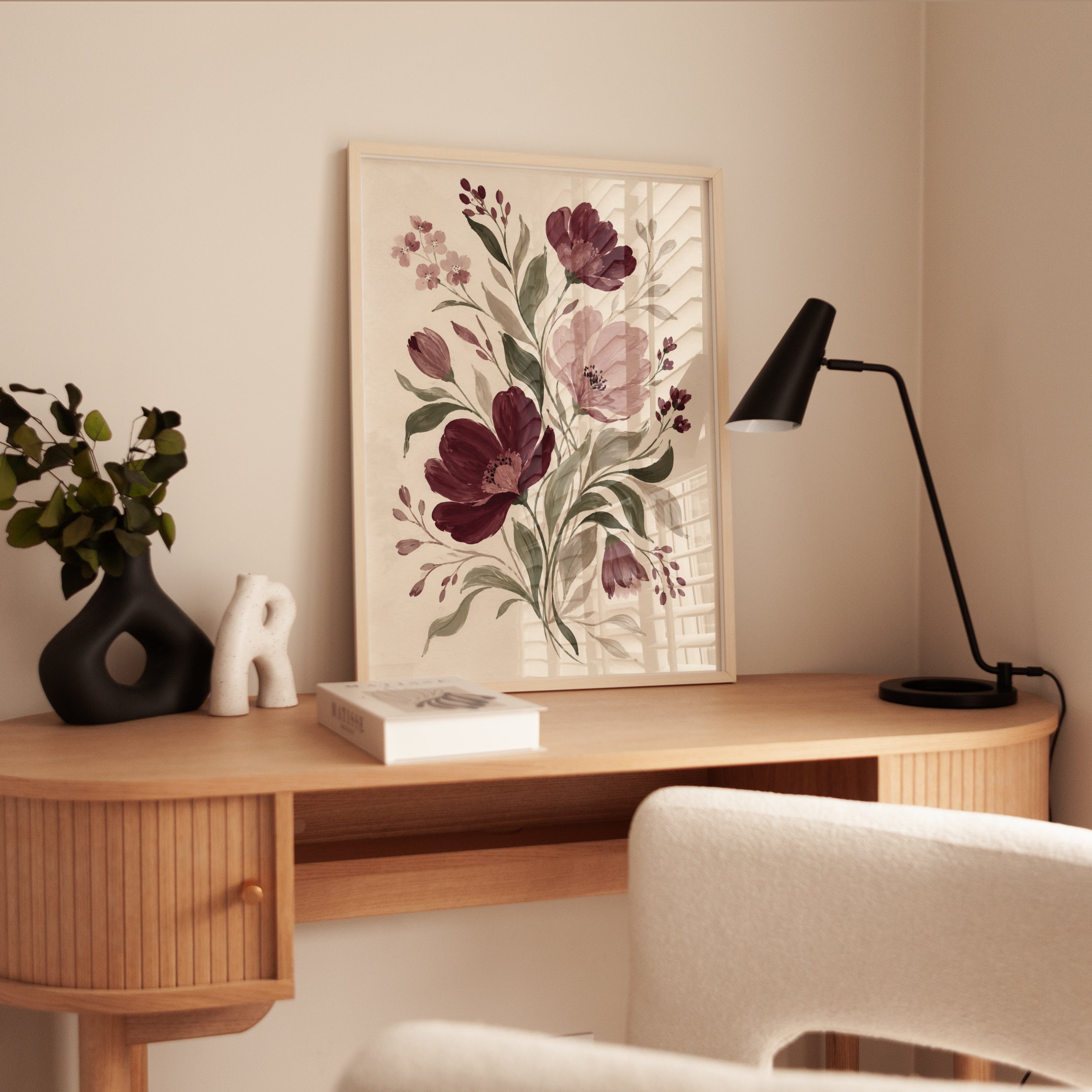 Burgundy Floral Botanical Print: Vintage Watercolor Wall Art - interior
