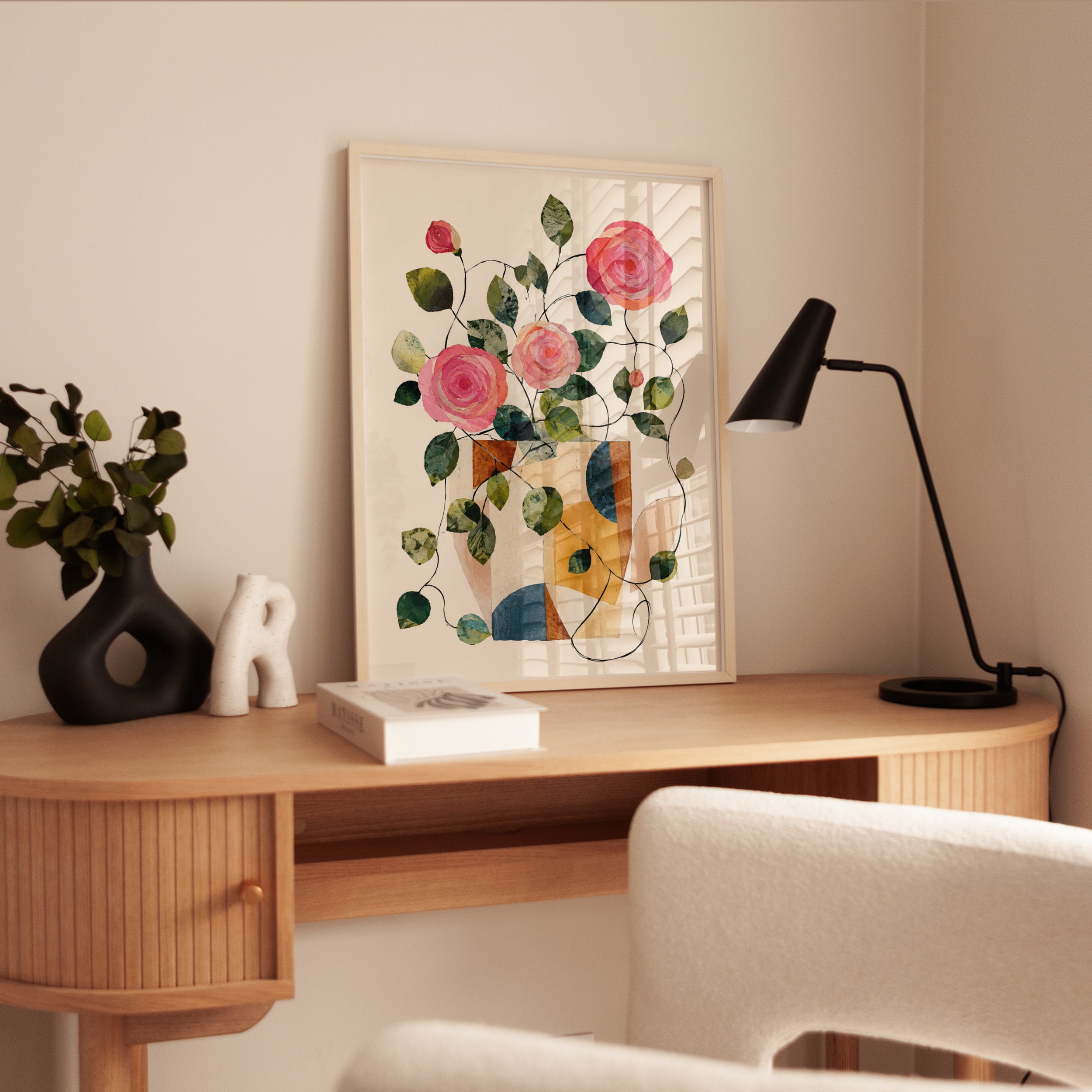 Abstract Rose Bouquet Print: Geometric Vase with Pink Blooms - interior