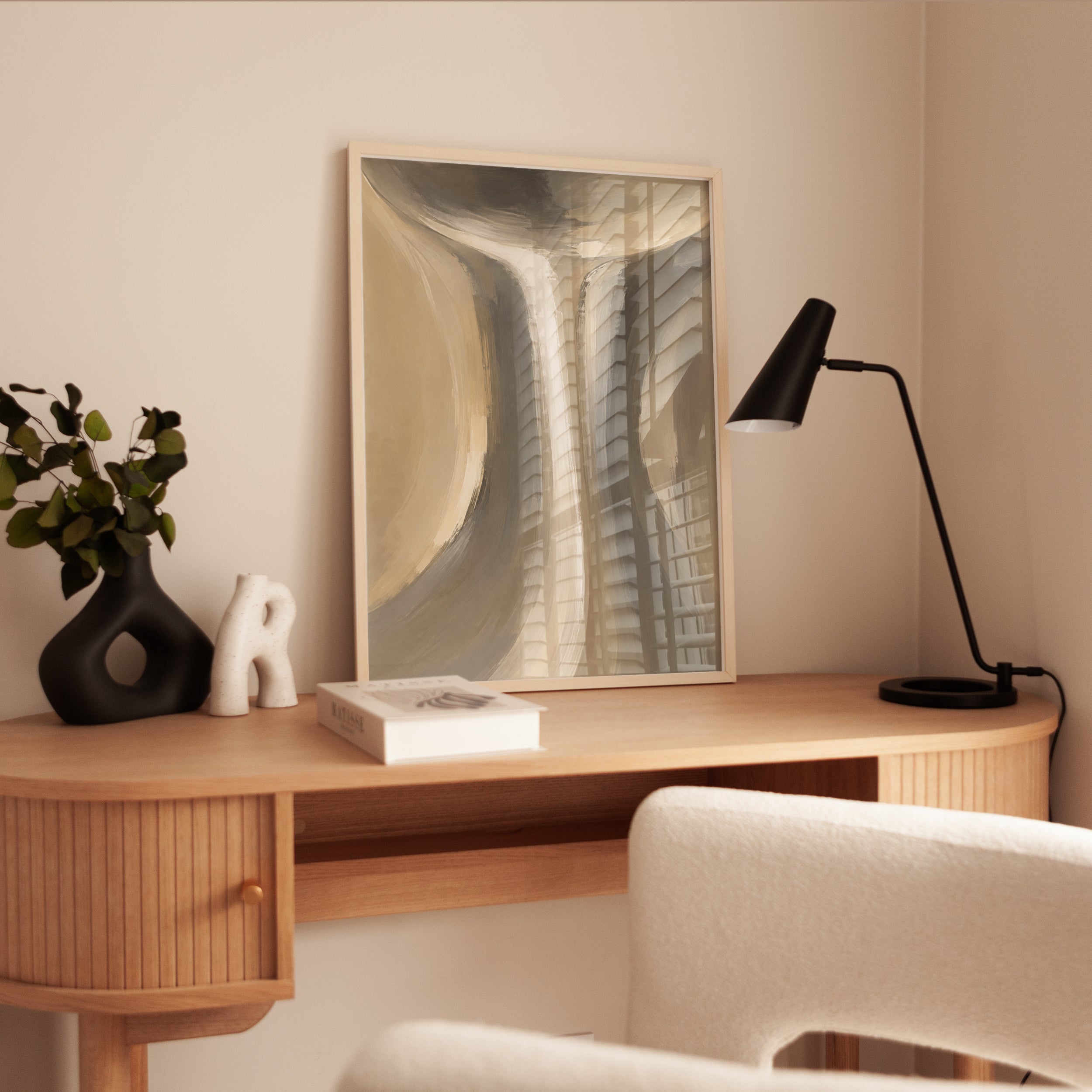 Abstract Flowing Curves Wall Art: Neutral Beige and Gray Brushstrokes - interior