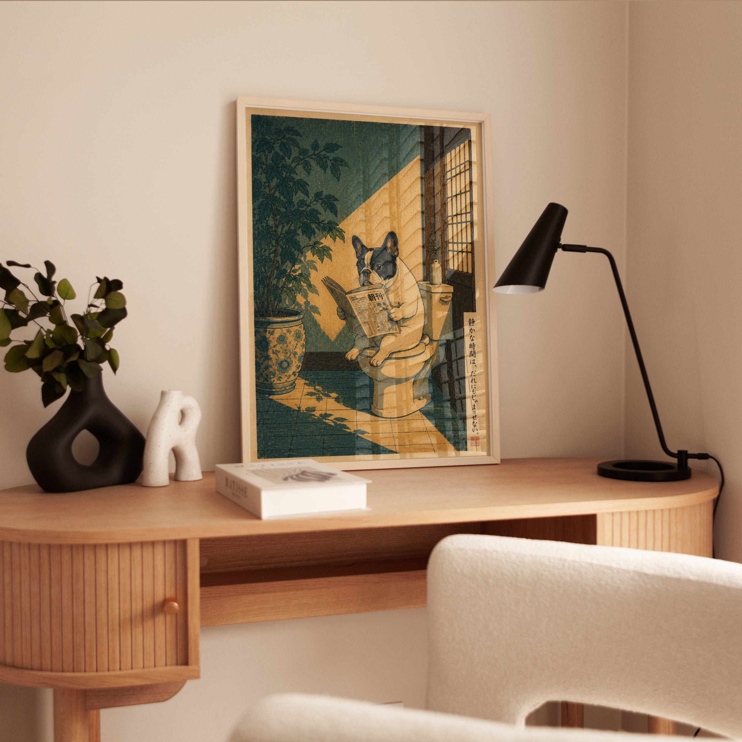 French Bulldog Reading Newspaper: Japanese Woodblock Style Print - interior