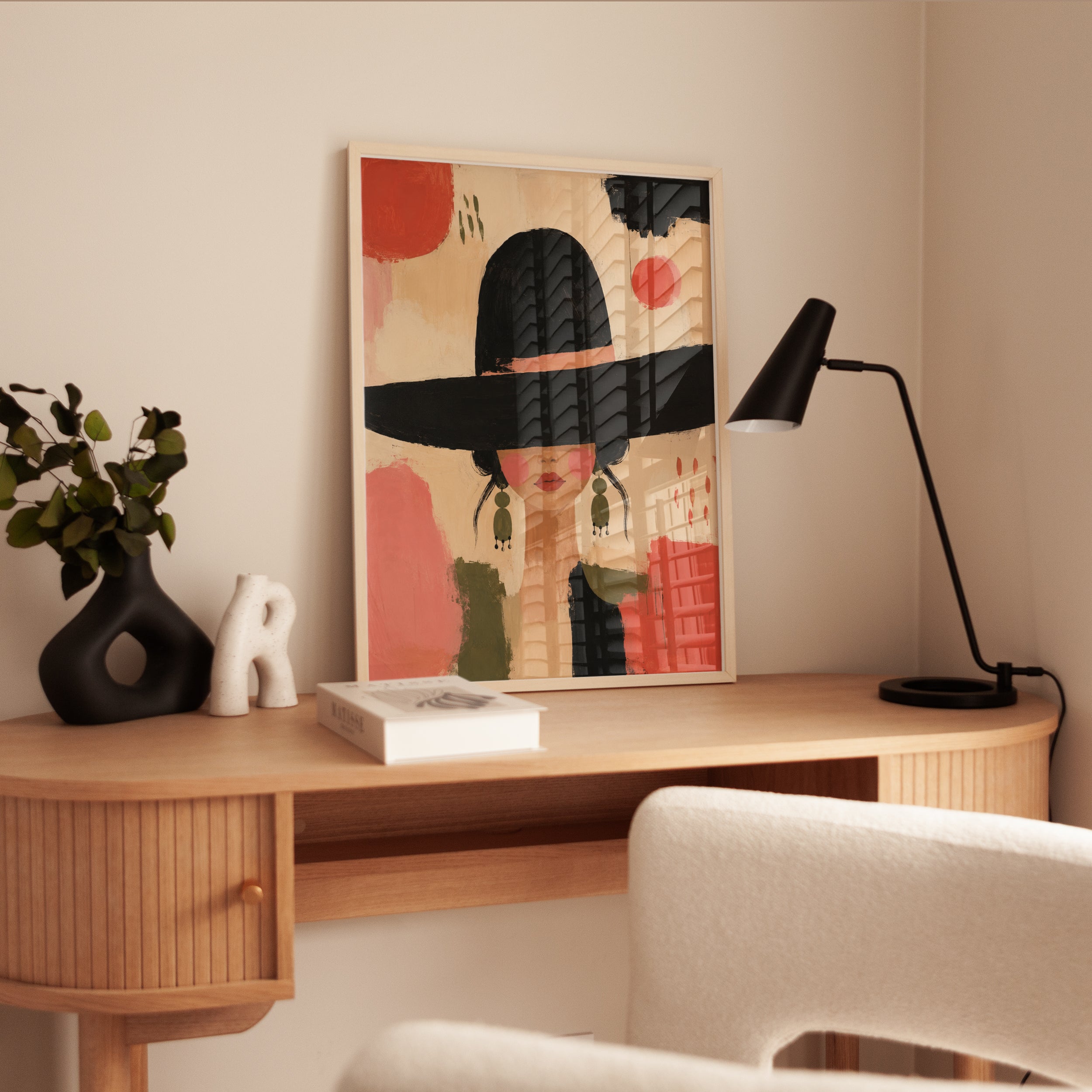 Woman in Black Hat Art Print: Modern Abstract Portrait - interior