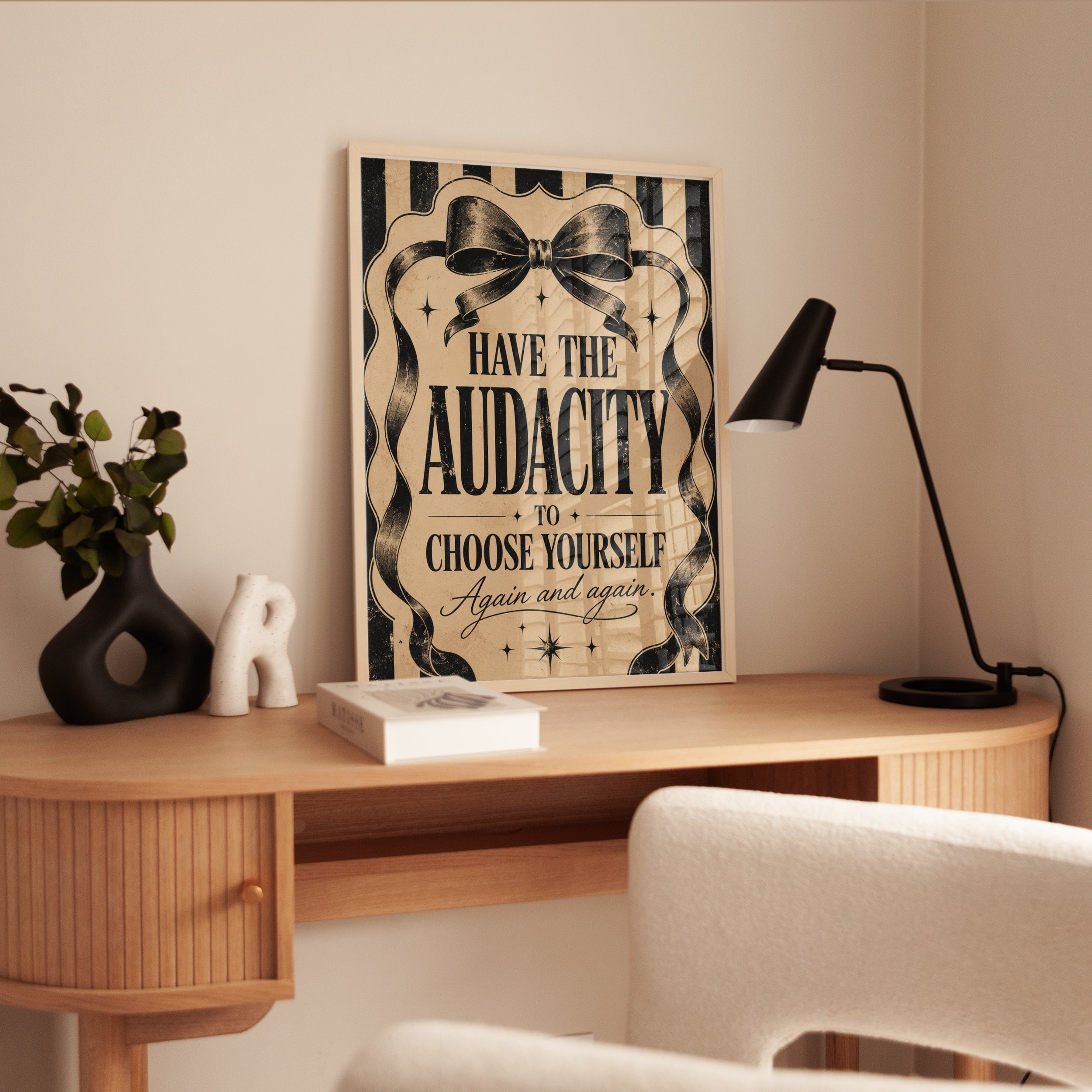Vintage Motivational Ribbon Quote Print: Black and Cream Typography - interior