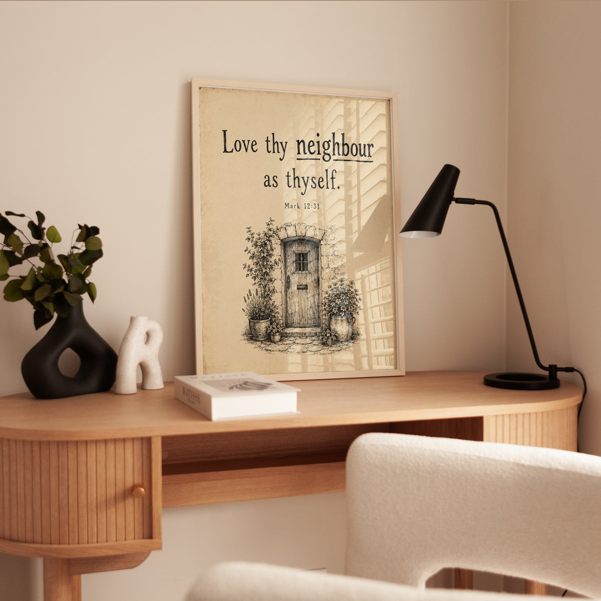 Biblical Wall Art Print: Rustic Cottage Illustration - interior