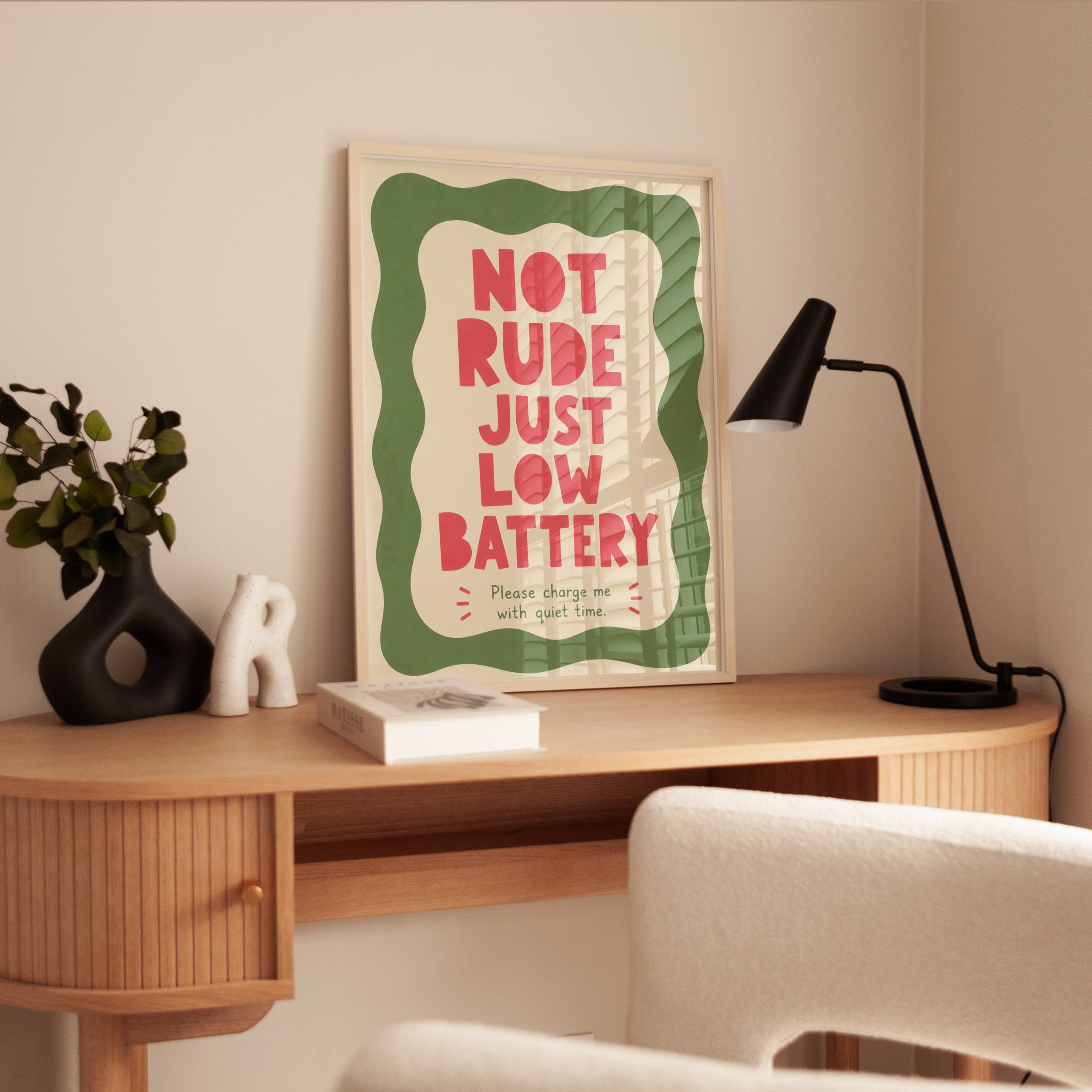 Not Rude Just Low Battery Print: Funny Retro Wall Art - interior