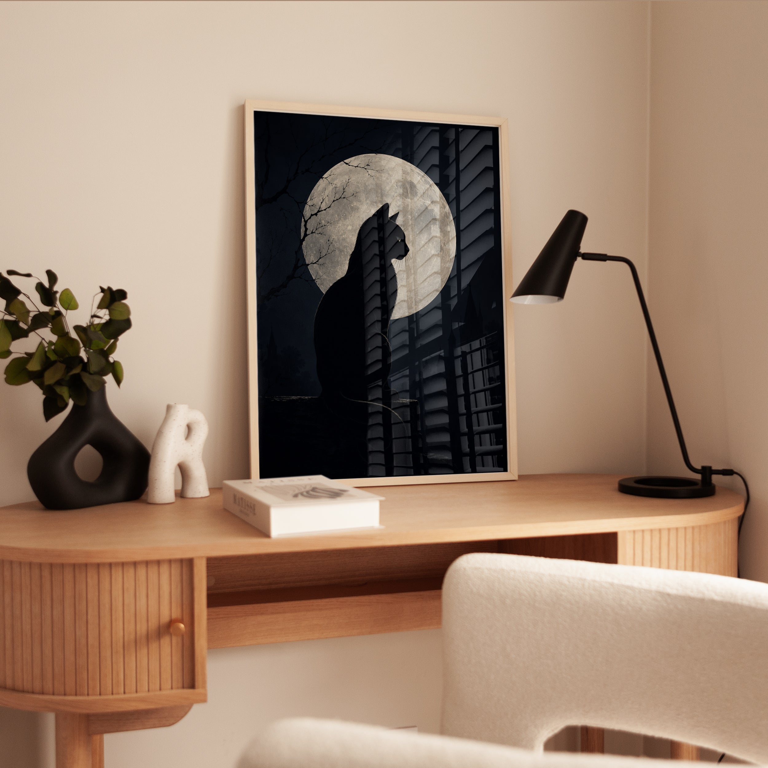 Cat Moon Wall Art – Black Cat Silhouette Print - interior