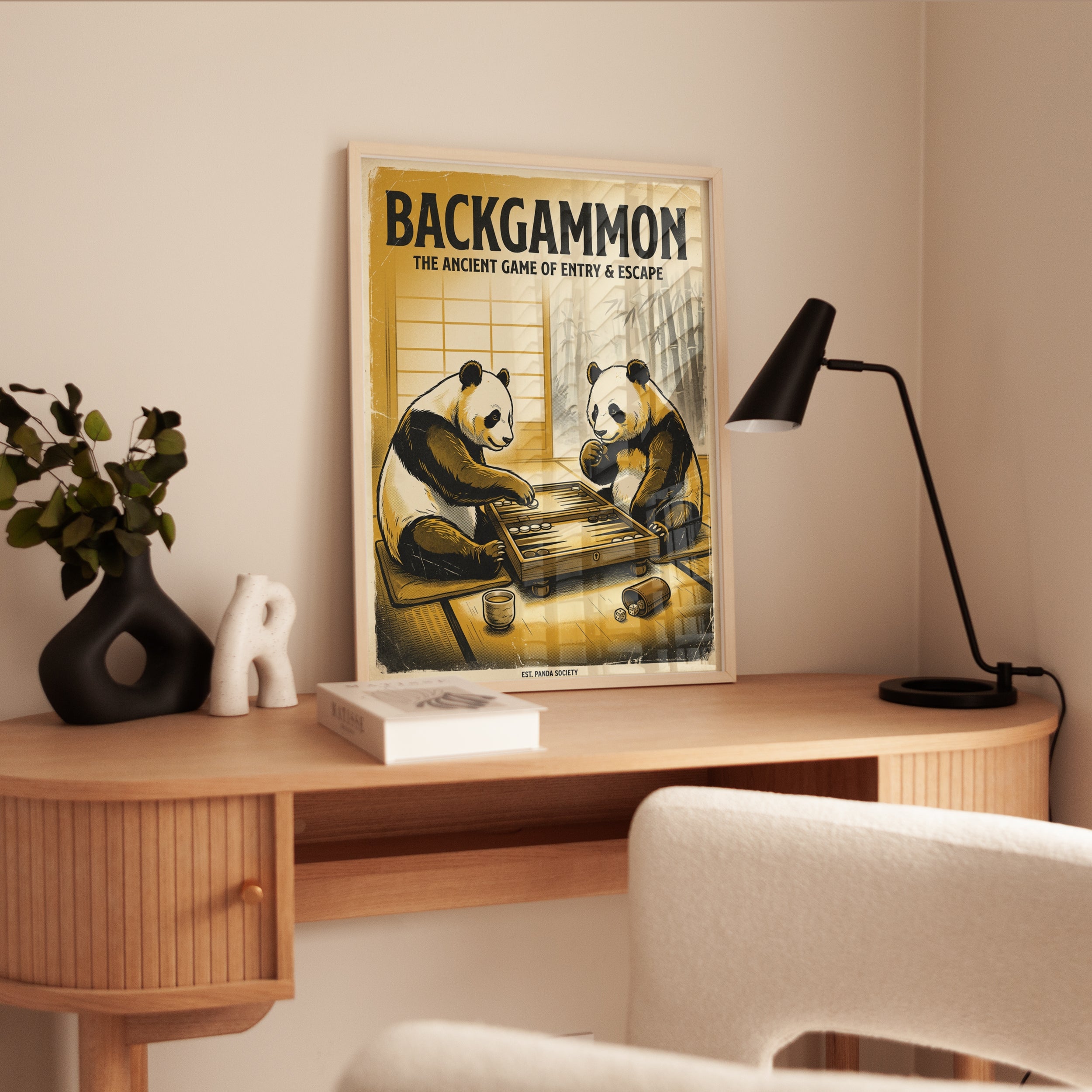 Backgammon Panda Print — Vintage Japanese Style Game Room Art - interior