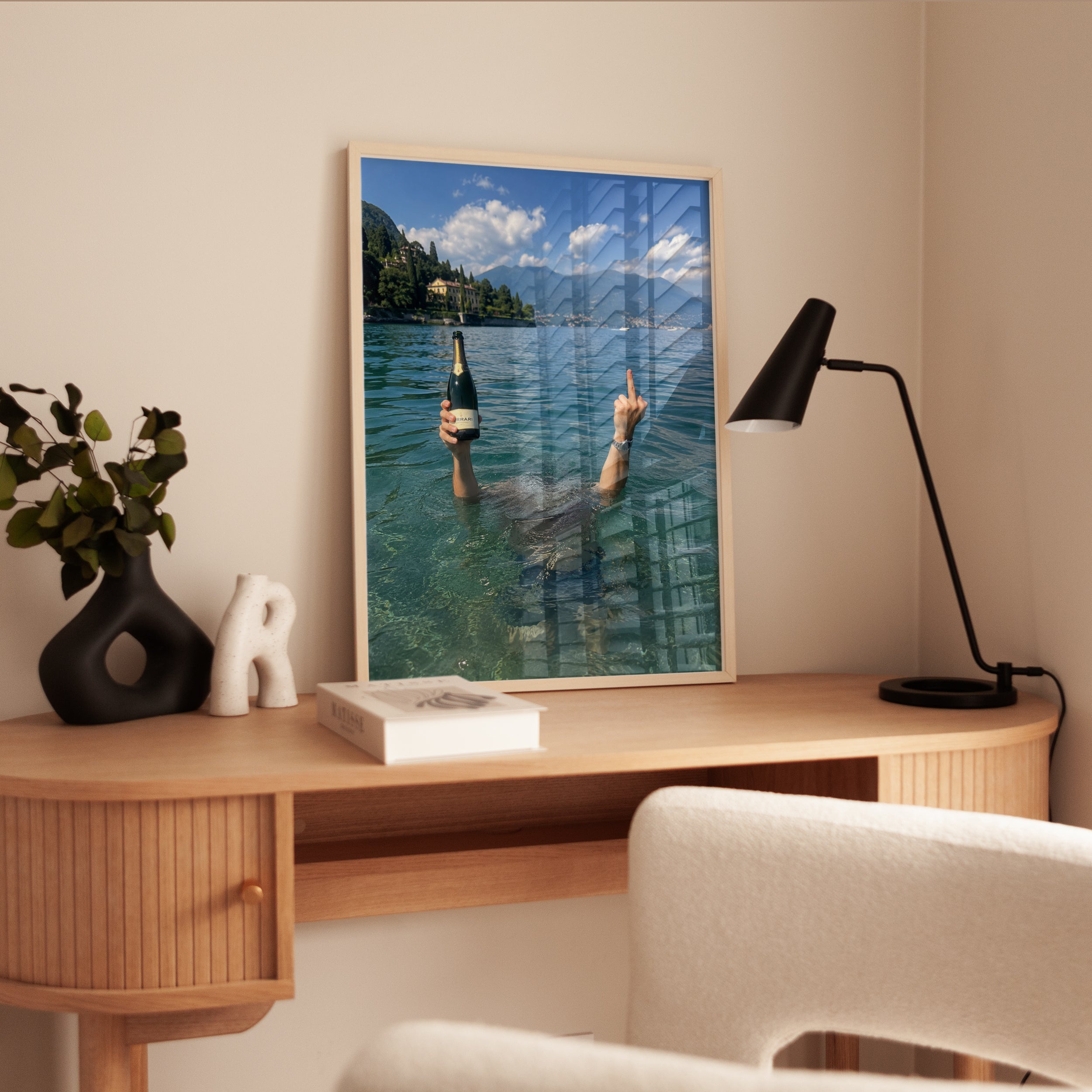 Italian Lake Life Wall Art: Champagne and Mountain Vista - interior