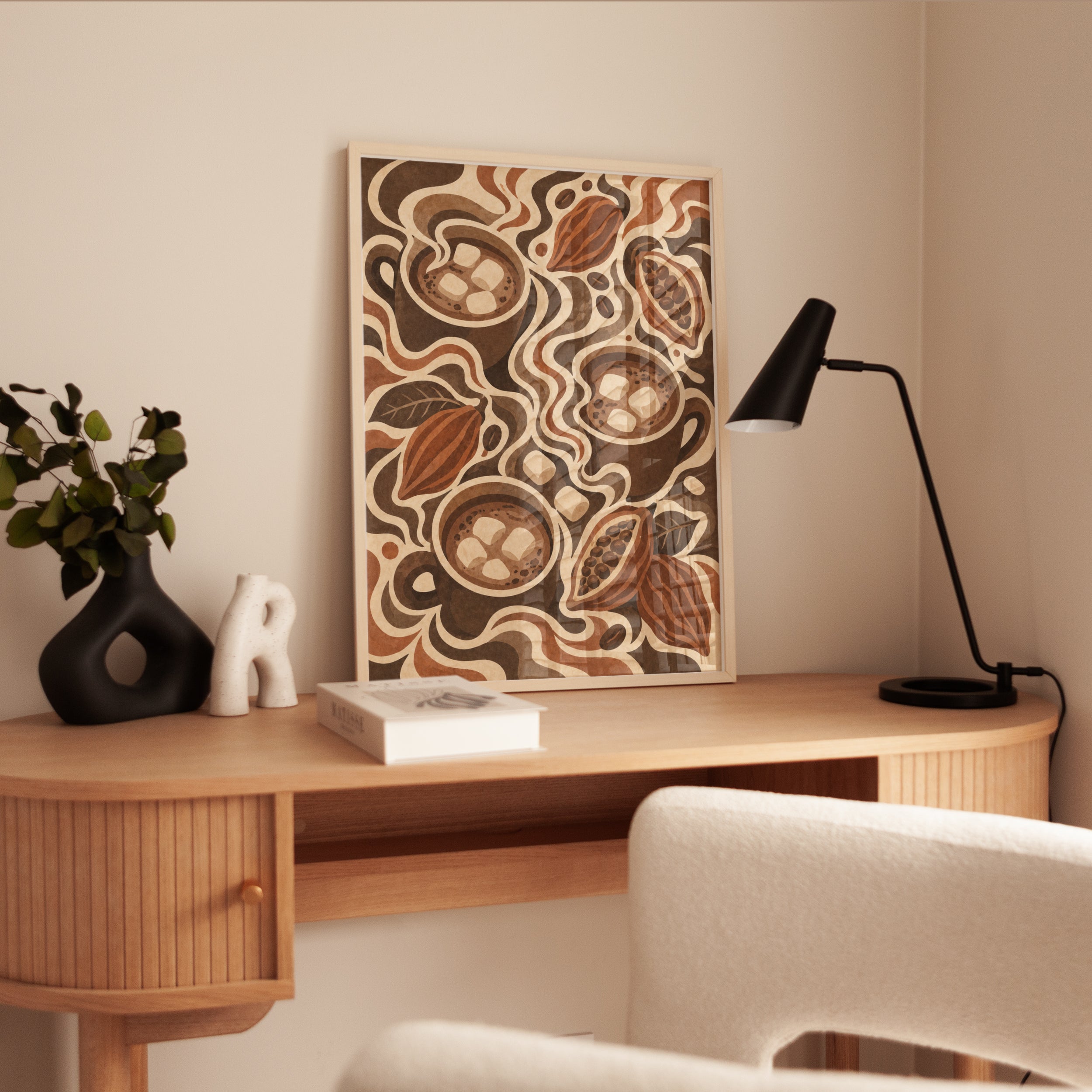 Hot Chocolate and Cocoa Pods Art Print: Retro Brown Illustration - interior