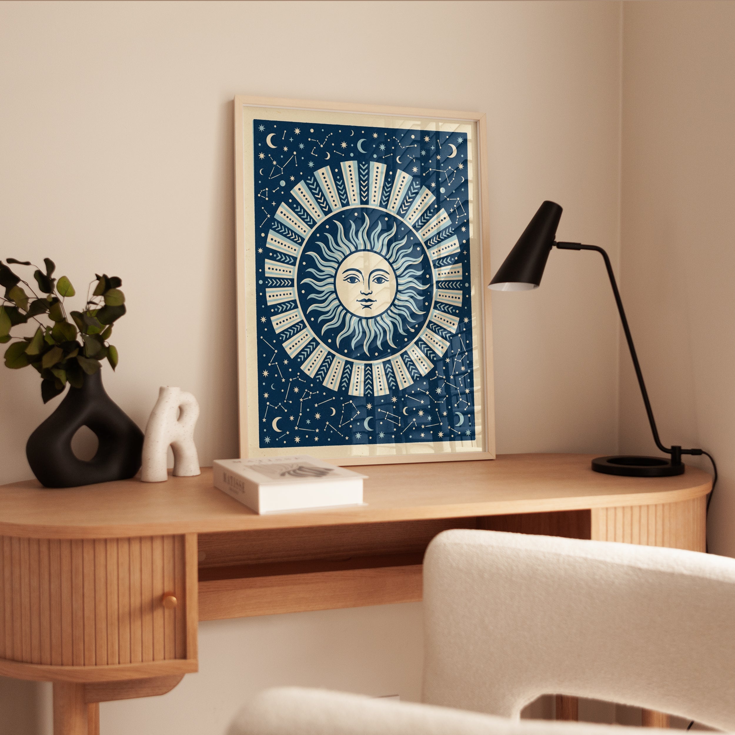 Celestial Sun Face Art Print: Blue Folk Pattern with Stars - interior