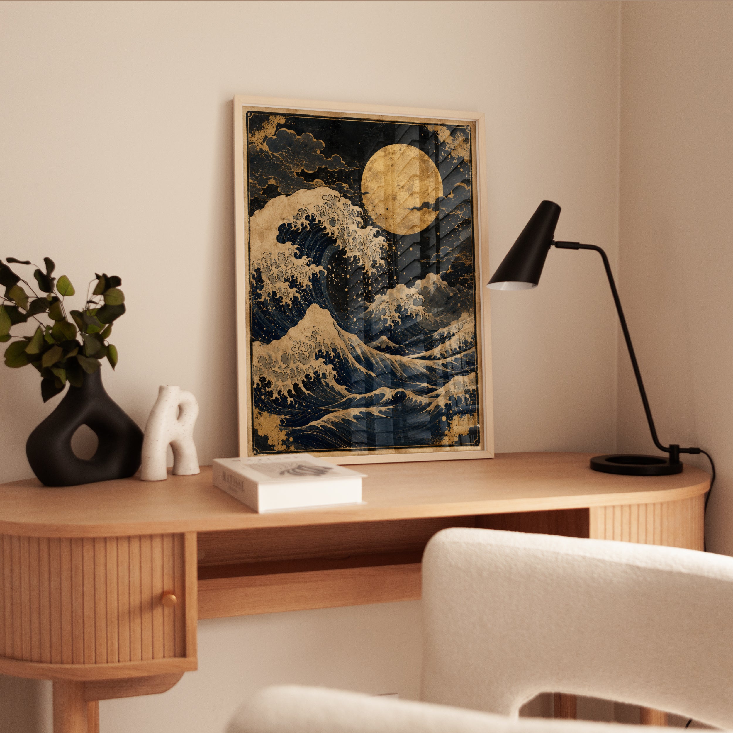 Japanese Wave Art Print: Gold & Navy Ocean Under Full Moon - interior