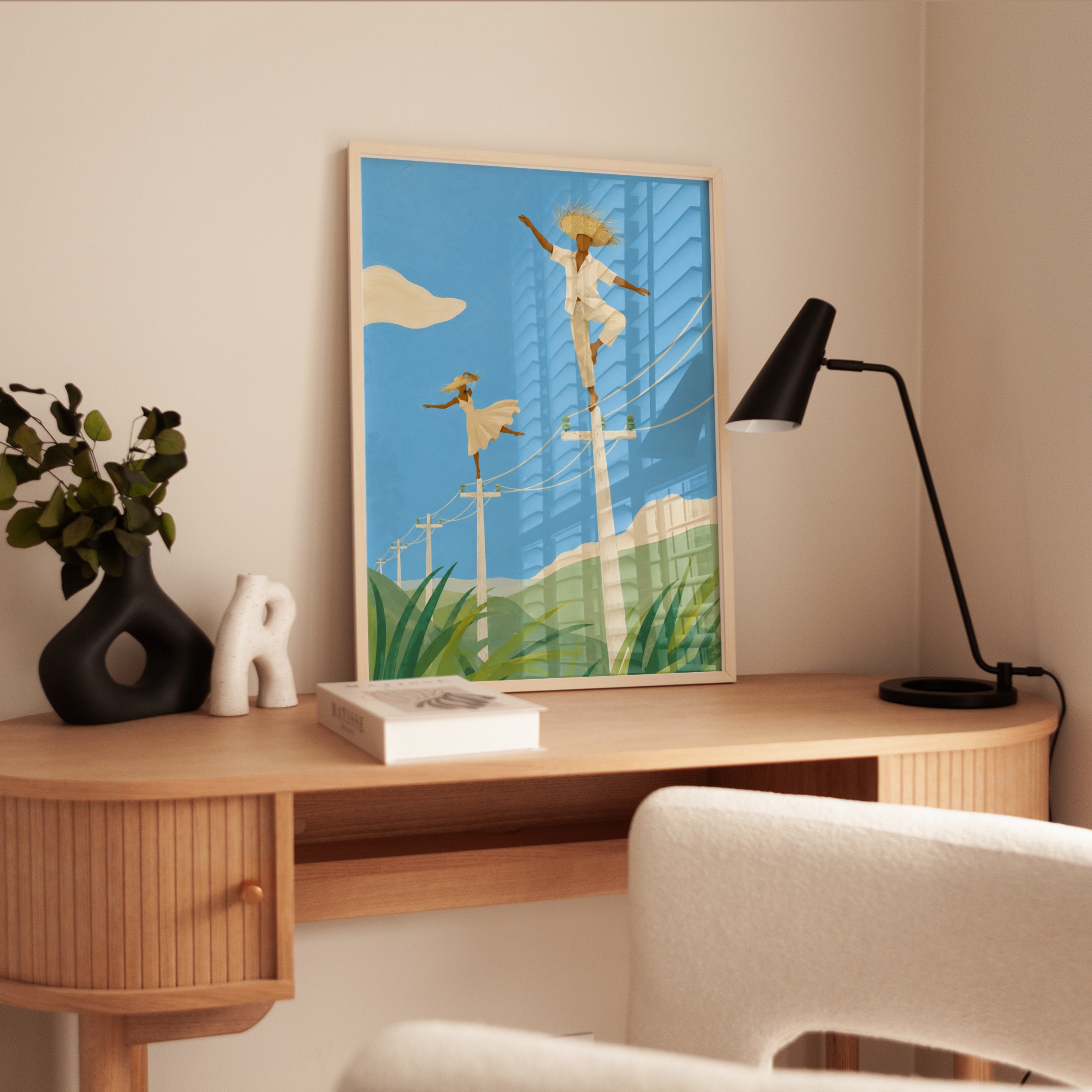 Tropical Balancing Figures Art Print: Minimalist Blue Sky Scene - interior