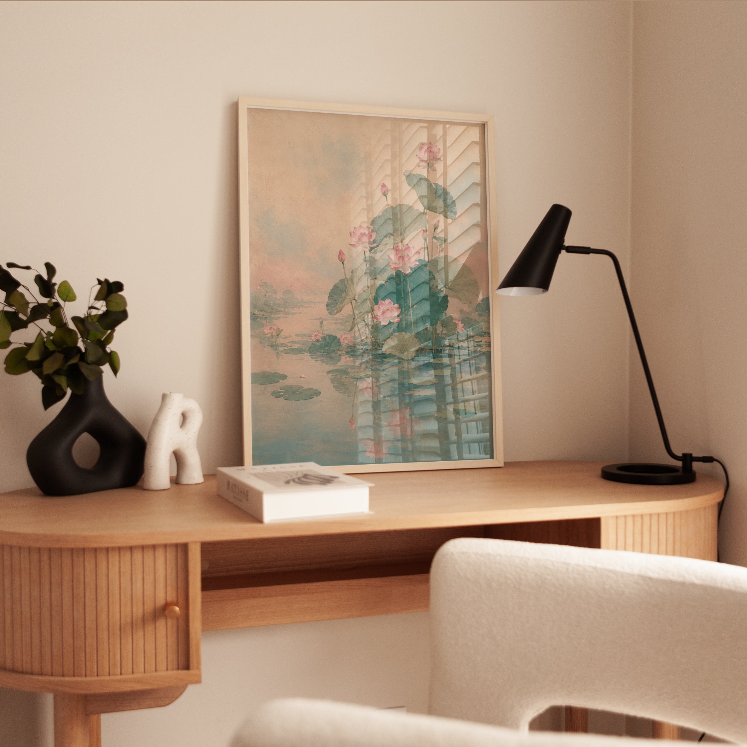 Lotus Pond Wall Art: Soft Pink Blooms and Green Leaves - interior