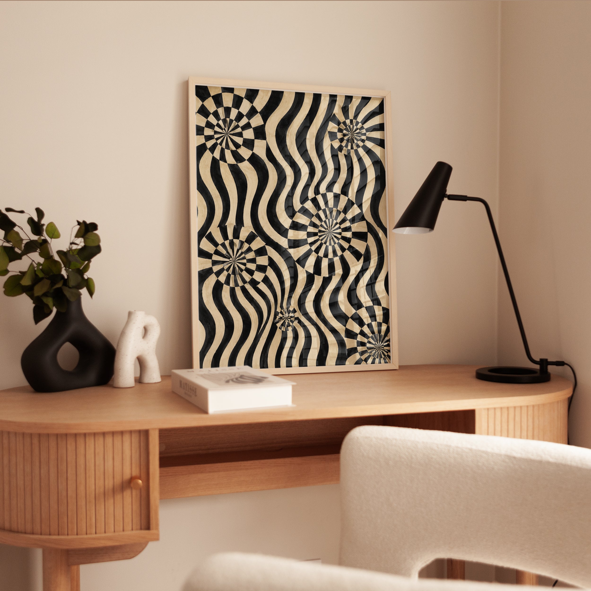 Op Art Spiral Waves Print: Black and Cream Geometric Poster - interior