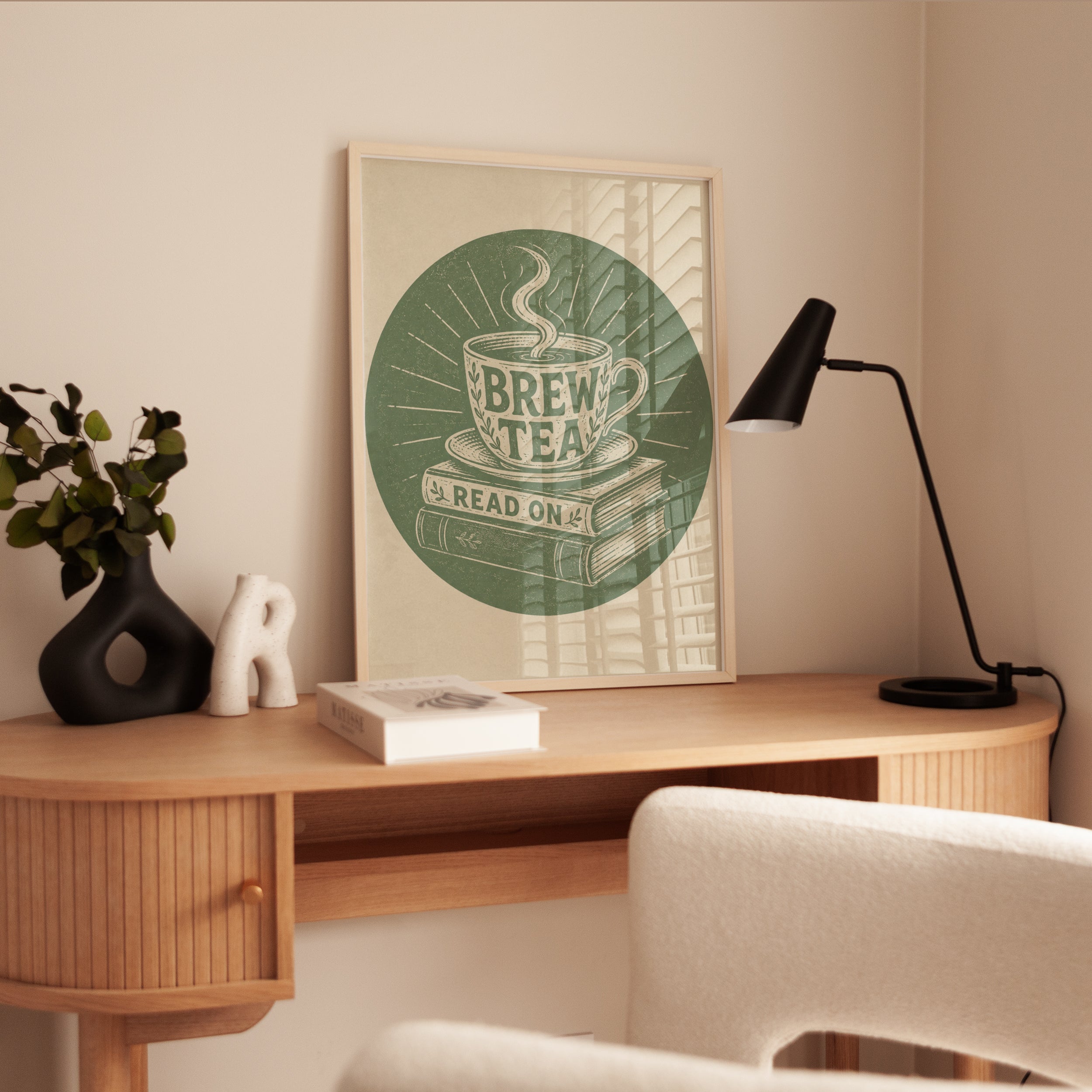 Tea and Books Wall Art: Vintage Linocut - interior