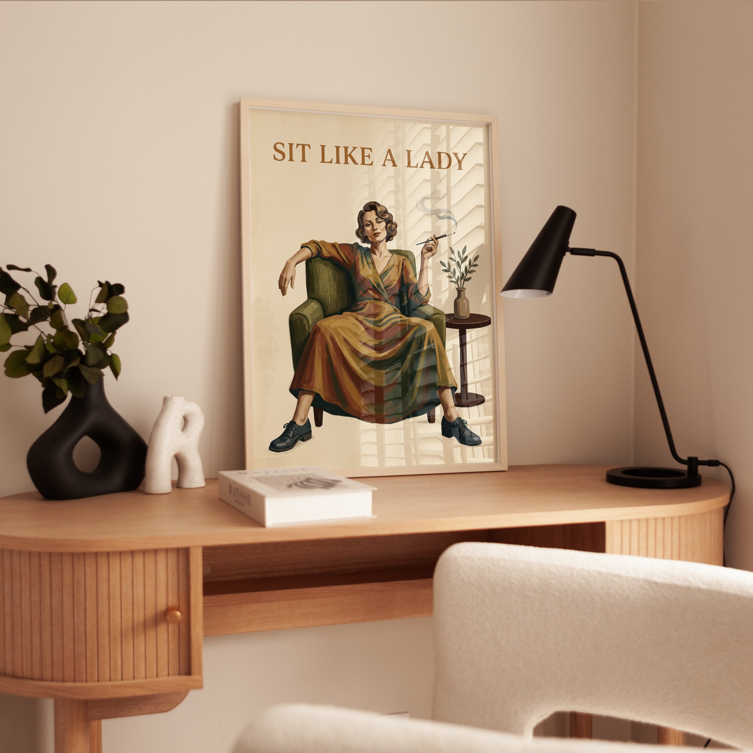 Sit Like a Lady Poster: Vintage Retro Woman with Cigarette Art - interior