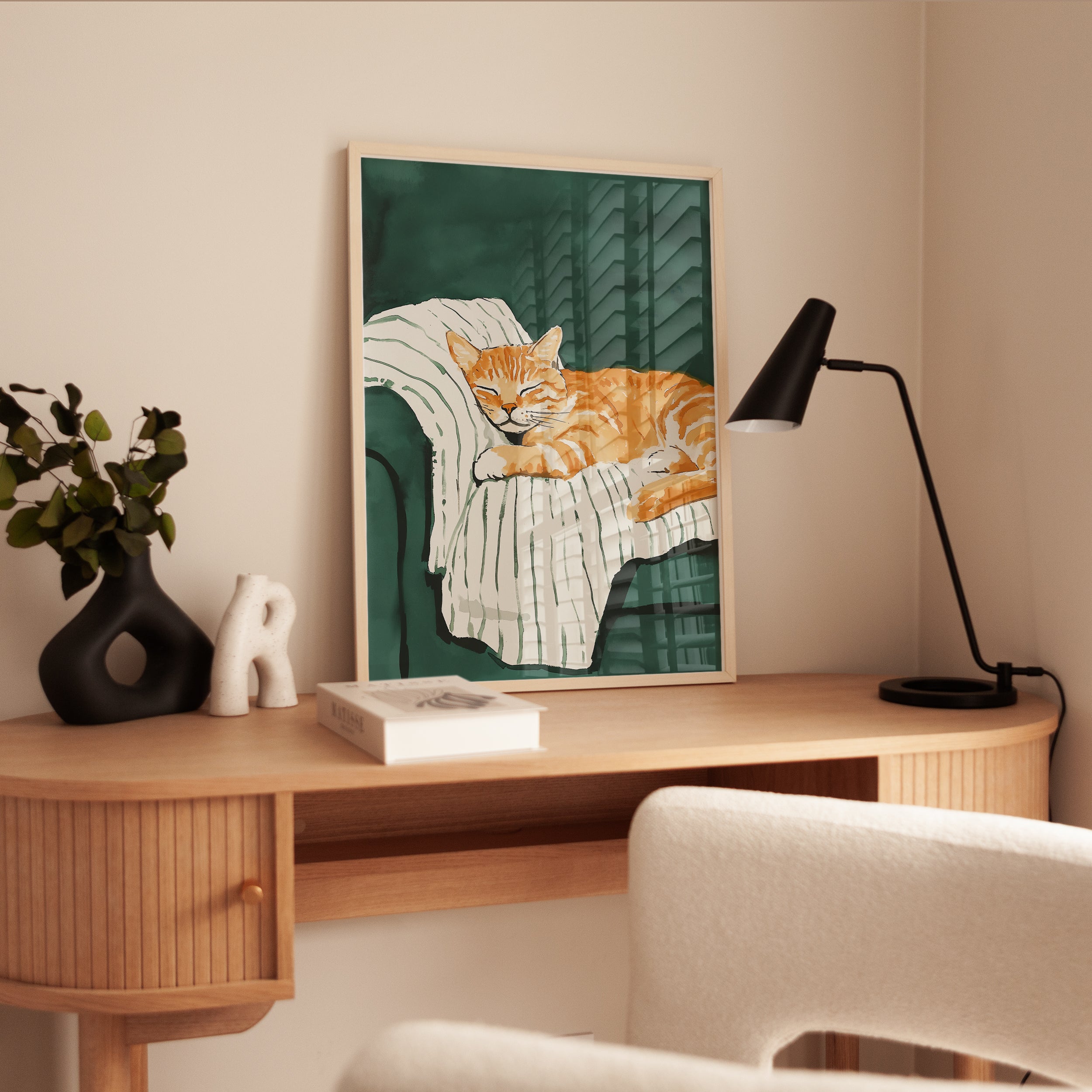 Sleeping Tabby Cat Wall Art – Green Armchair - interior