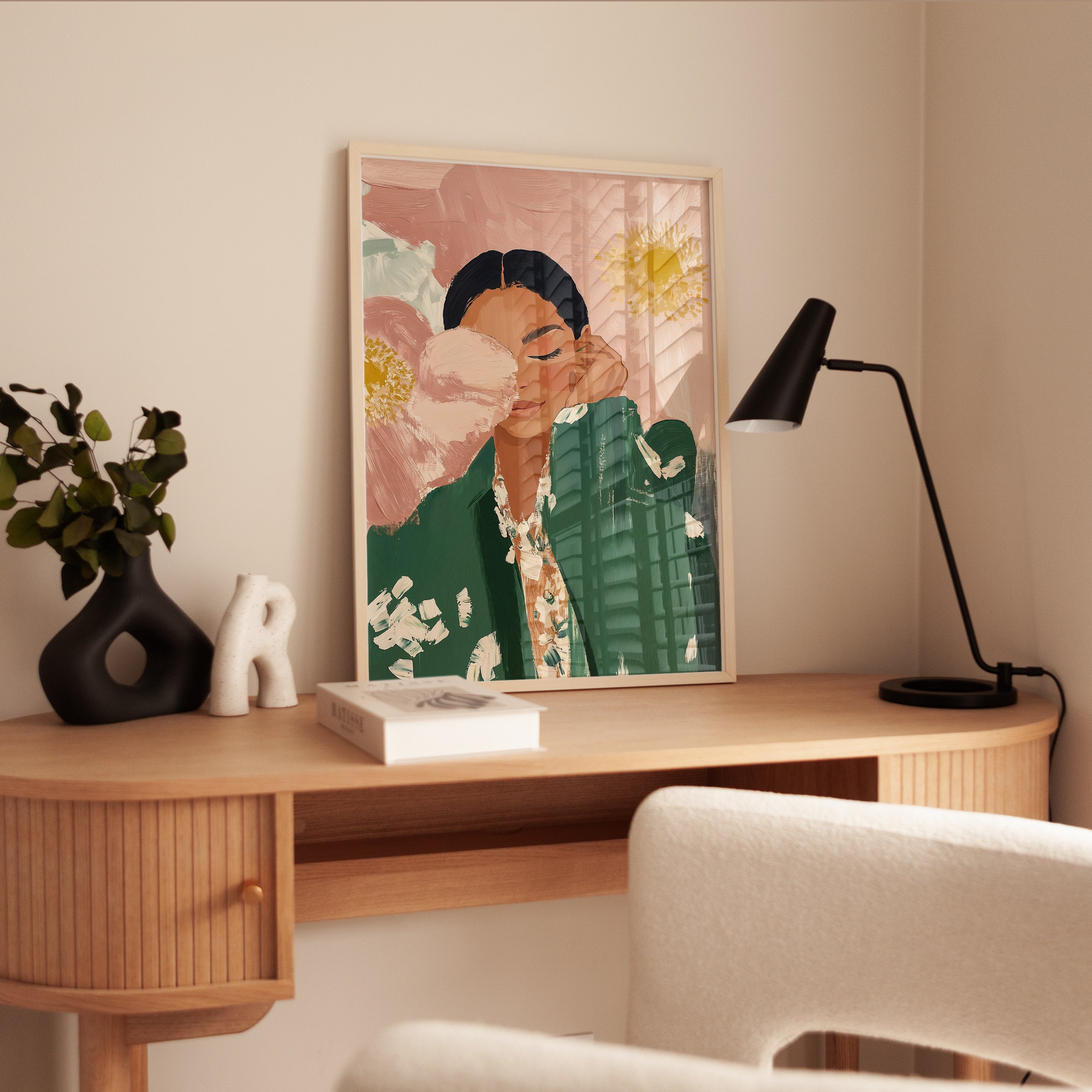 Kimono Woman Wall Art – Floral Portrait - interior