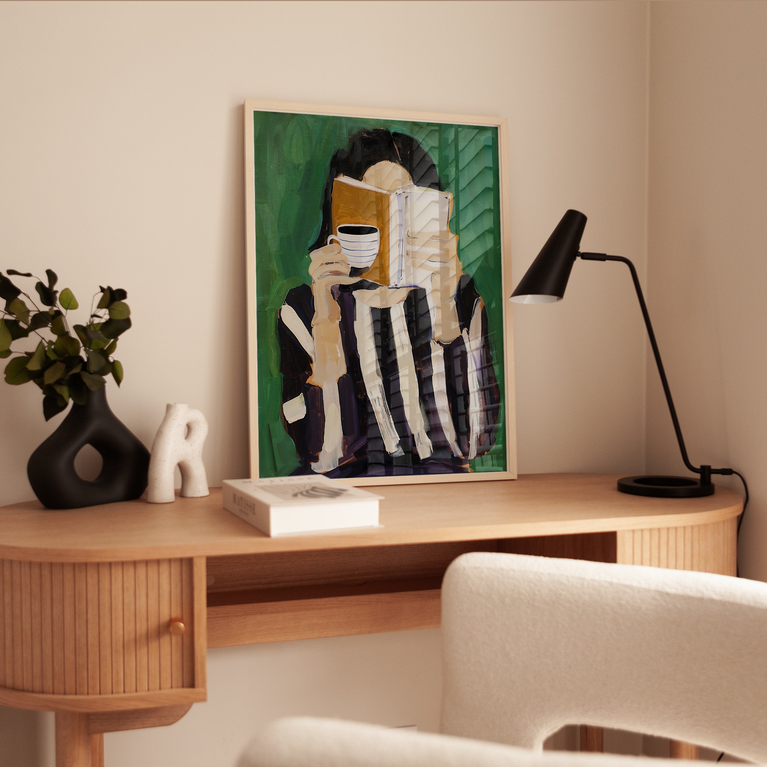 Reading with Coffee Wall Art: Contemporary Figure Painting - interior