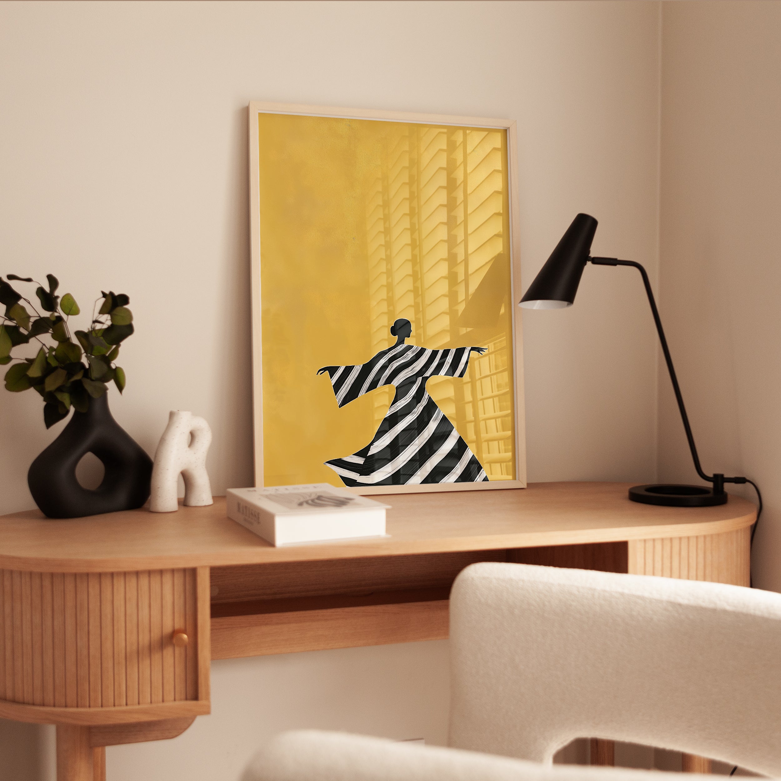Dancing Figure in Striped Dress: Minimalist Yellow Wall Art - interior