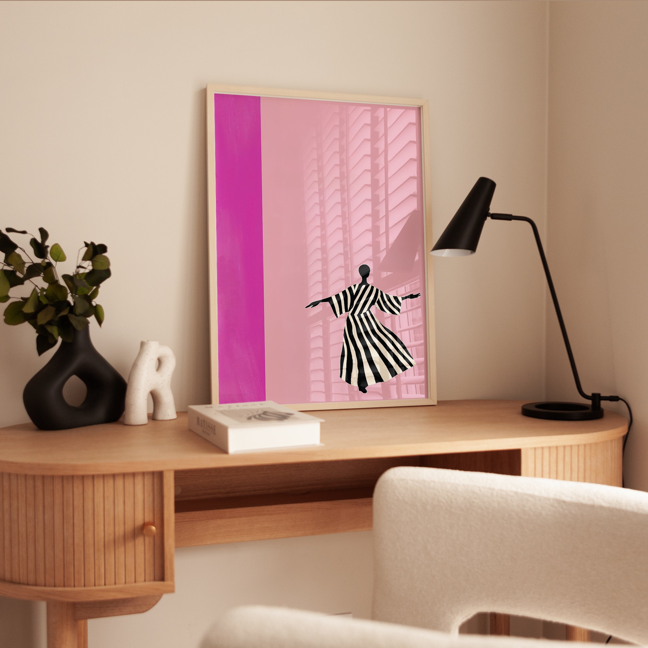 Dancing Figure Wall Art: Zebra Stripes on Pink Background - interior