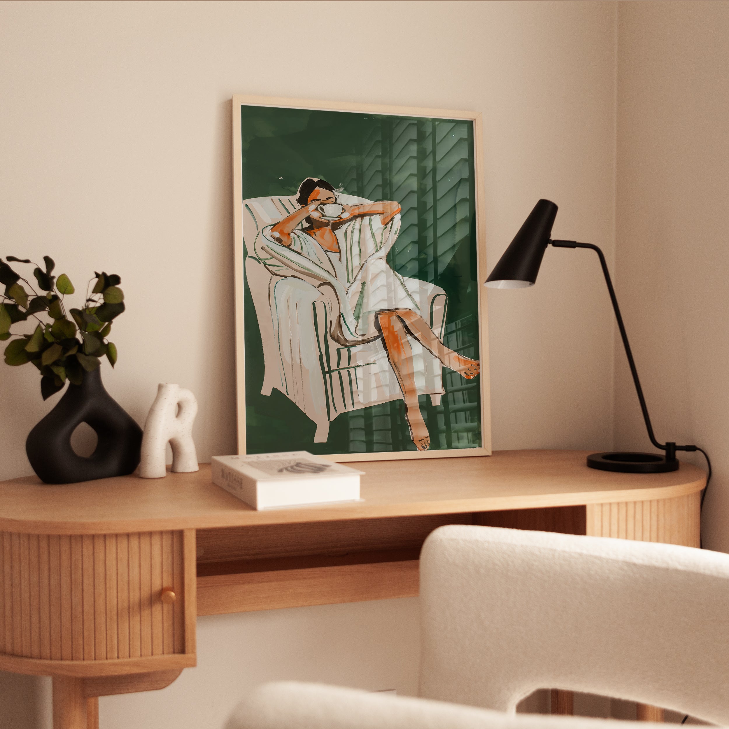 Relaxing Woman Wall Art Print – Emerald Green - interior
