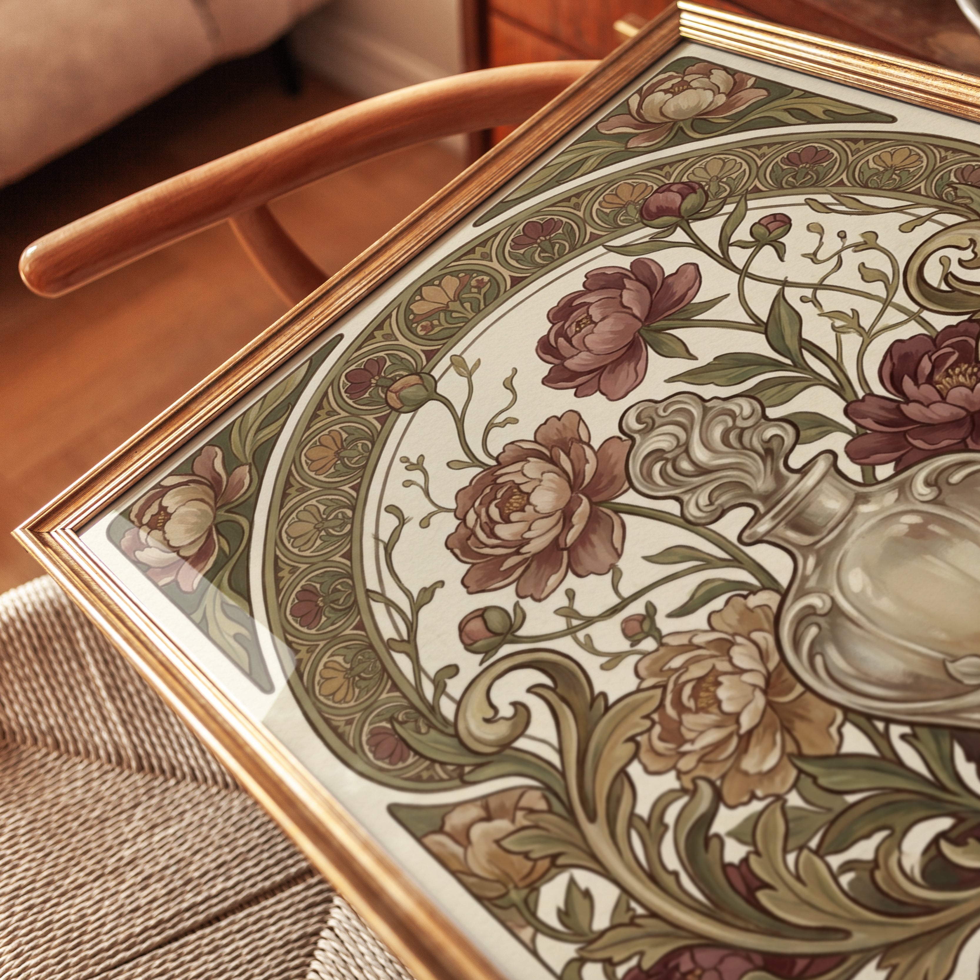 Art Nouveau Peony Vase Print: Ornate Floral Arch Design - detail