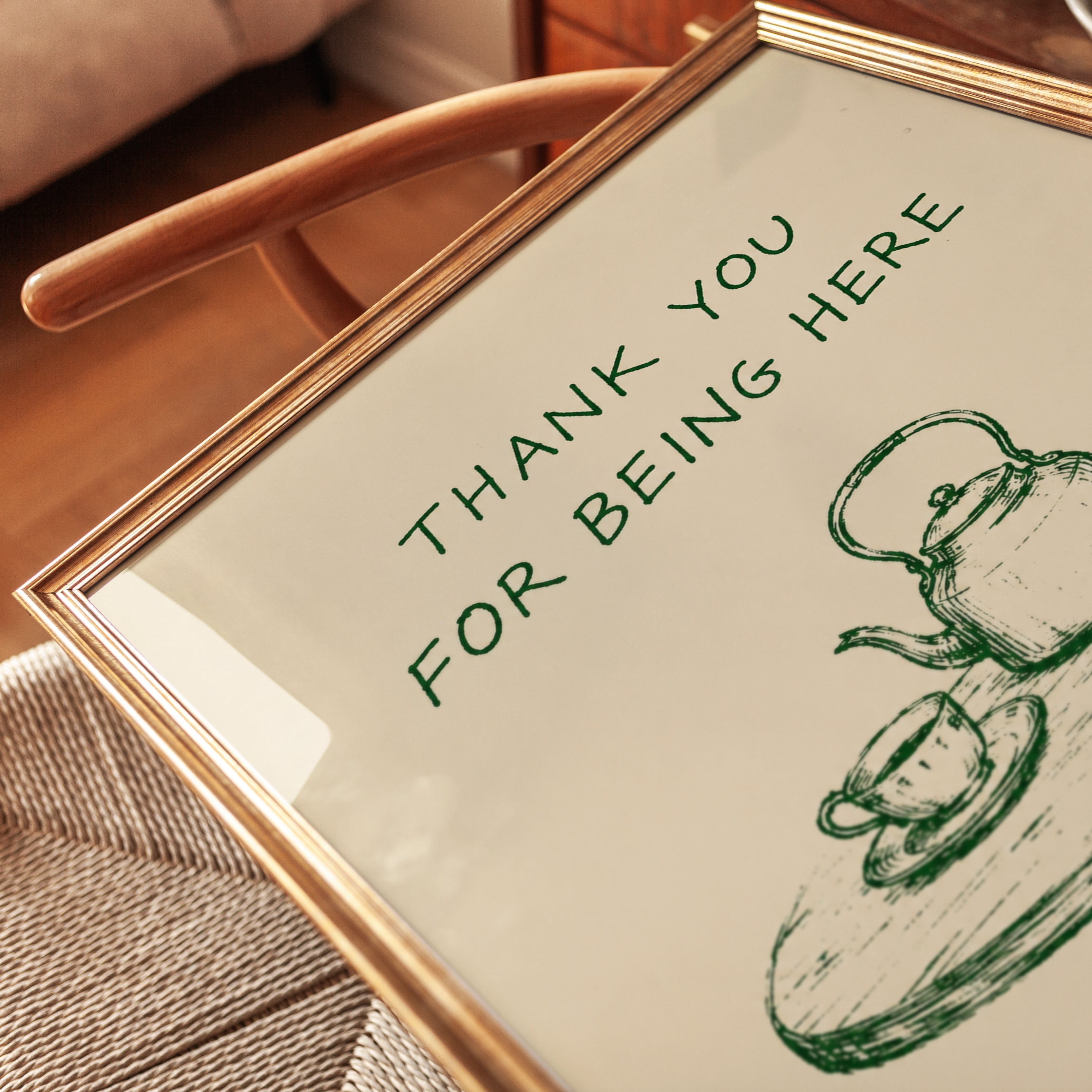 Thank You Tea Set Print: Vintage Green Line Art on Cream - detail
