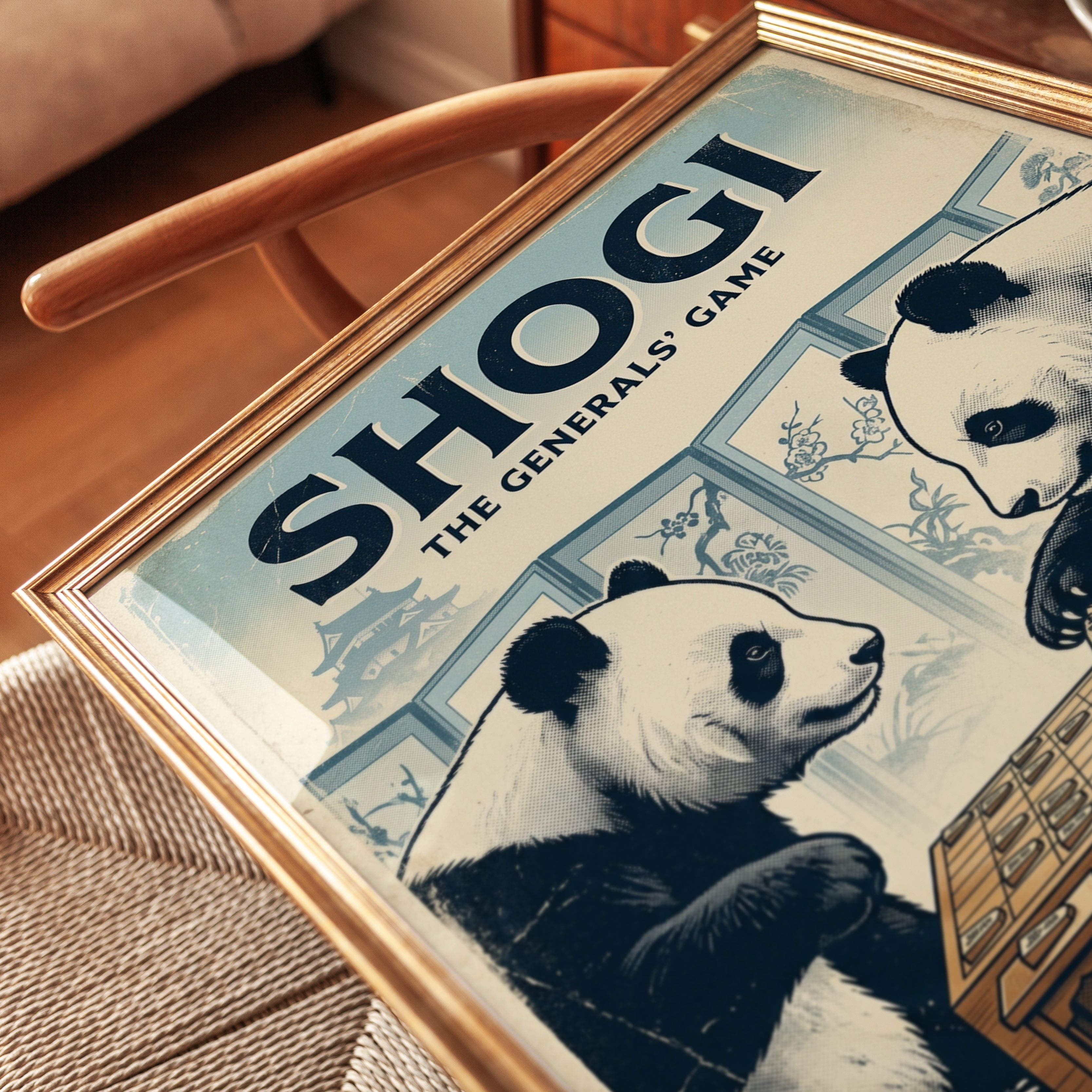 Shogi Pandas Art Print: Vintage Japanese Board Game Poster - detail